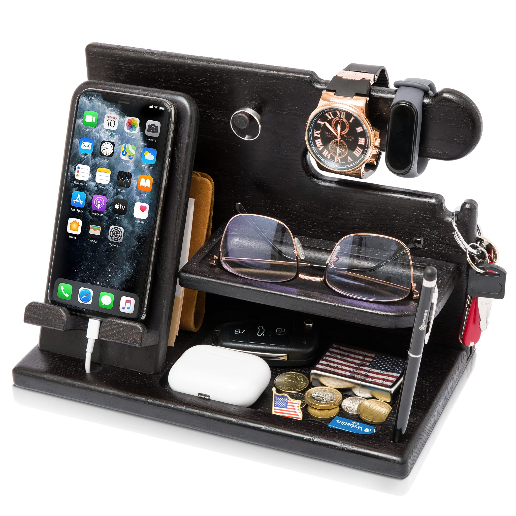 TESLYAR Wood Phone Docking Station - Gifts for Men - Desk or Nightstand Organizer - Birthday Gift for Husband, Dad - Anniversary Idea from Wife - Key Holder, Stand Wallet & Essentials (Granite Black)