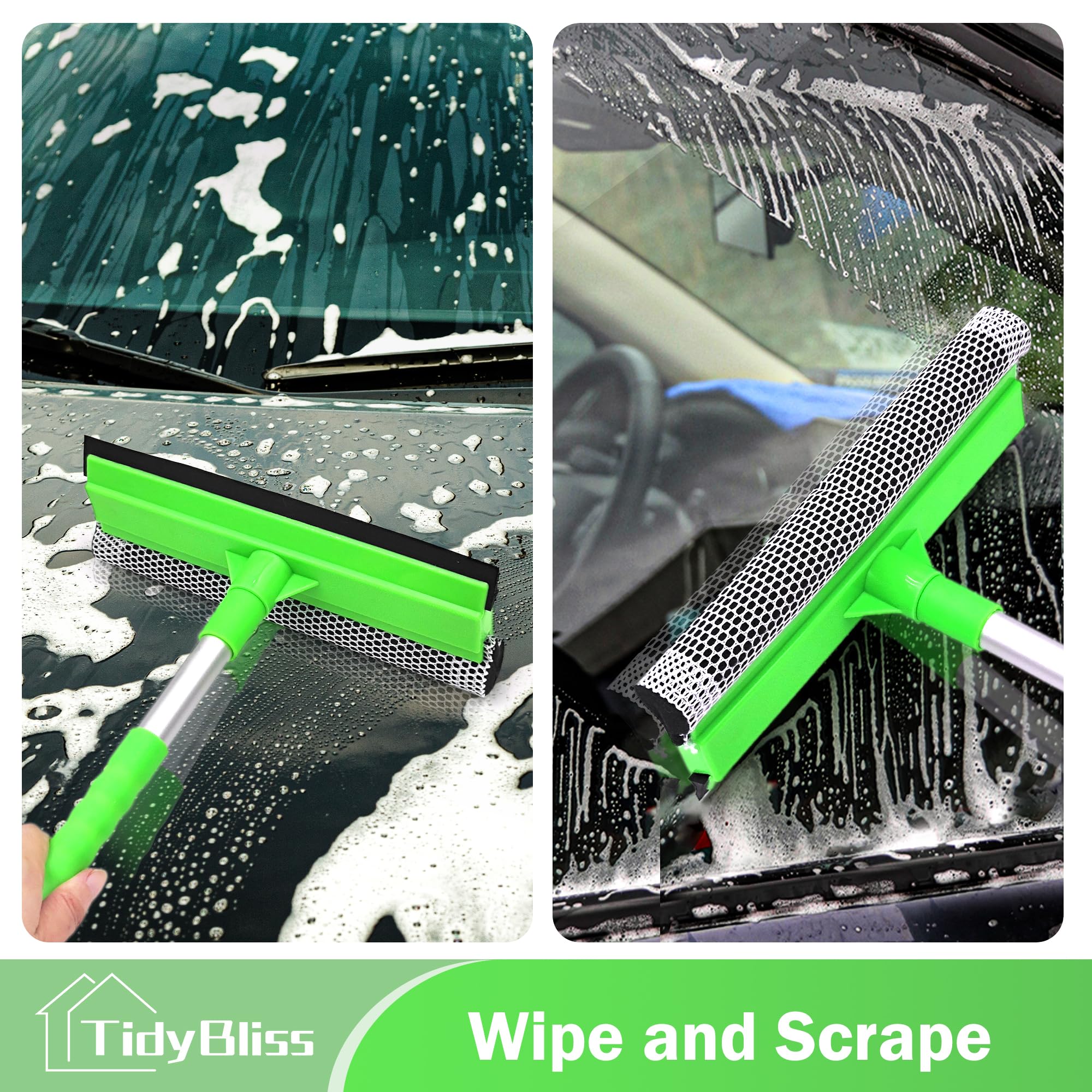 TidyBliss Window Cleaning Tools with Extension Pole 56”, Professional Car Windshield Washing Squeegee Kit, Household Glass Cleaner Sponge Scrubber for Mirror Home Outdoor (Green)