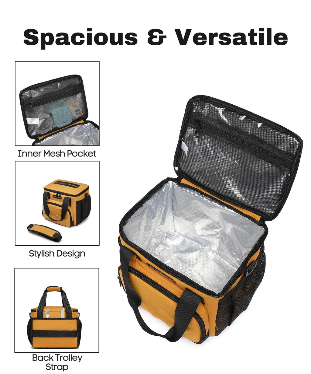 SUNNY BIRD 12L Large Insulated Lunch Bag, Leakproof and Foldable Lunch Cooler Box for Women Adult and Men, Fits 18 Cans (Ochre 01)