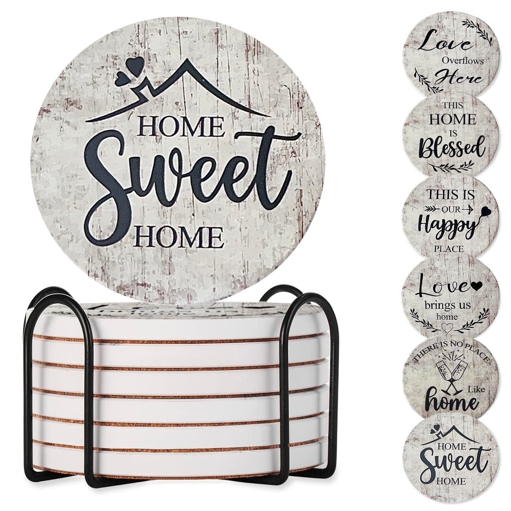 Valdivia 6 Pcs Ceramic Drink Coasters with Blessing Verses, White Marble Style Absorbent Stone Cork Base - 4 Inches Coasters & Metal Holder for Coffee Table, Home Decor Housewarming Gifts