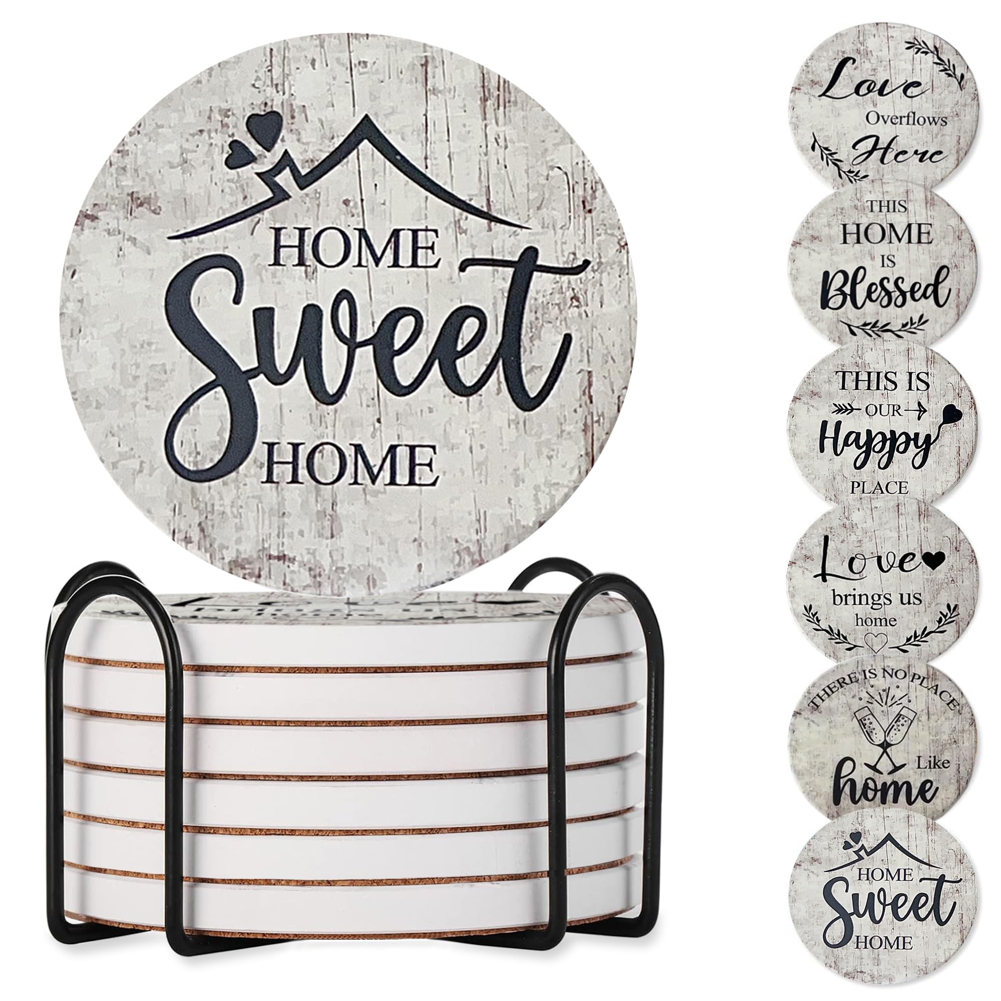 Valdivia 6 Pcs Ceramic Drink Coasters with Blessing Verses, White Marble Style Absorbent Stone Cork Base - 4 Inches Coasters & Metal Holder for Coffee Table, Home Decor Housewarming Gifts