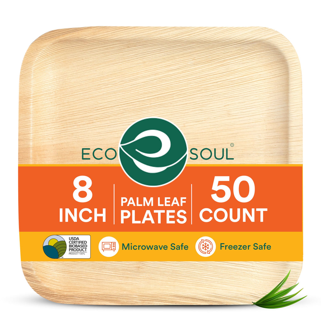 ECO SOUL 8 Inch Disposable Palm Leaf Plates [50 Pack] Premium Food-Safe Heavy Duty Compostable Bamboo Paper Plates for Lunch, Dinner, Birthday, Weddings, Party, Camping & Catering Events [Square]