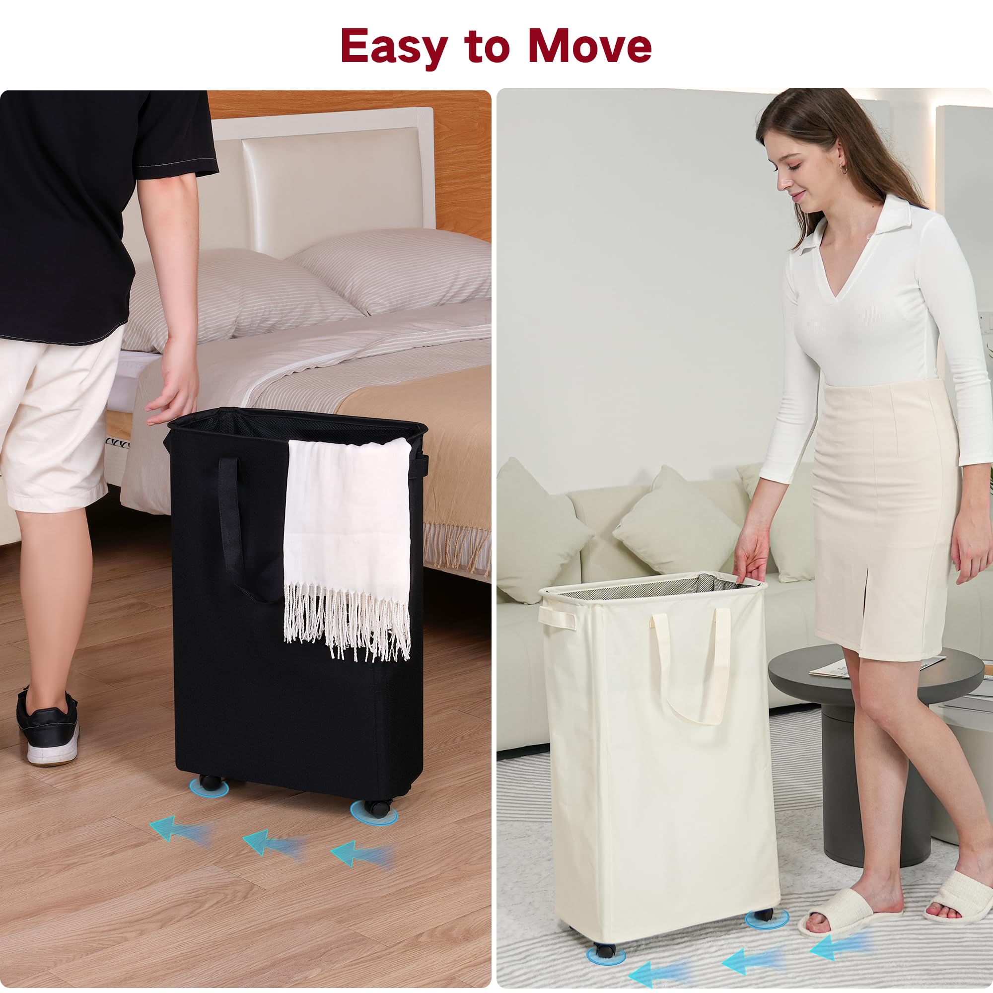 efluky Slim Laundry Hamper with Wheels, Rolling Laundry Basket for Clothes, Small Laundry Basket for Bedroom, Dorm and Laundry Room, 60L Beige