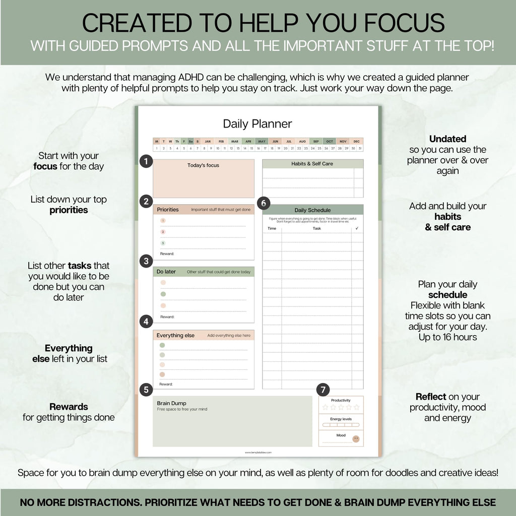 ADHD Daily Planner for Neurodigenic Adults, Daily Productivity Planner and Task Management to Stay Organized and Focused (Green)