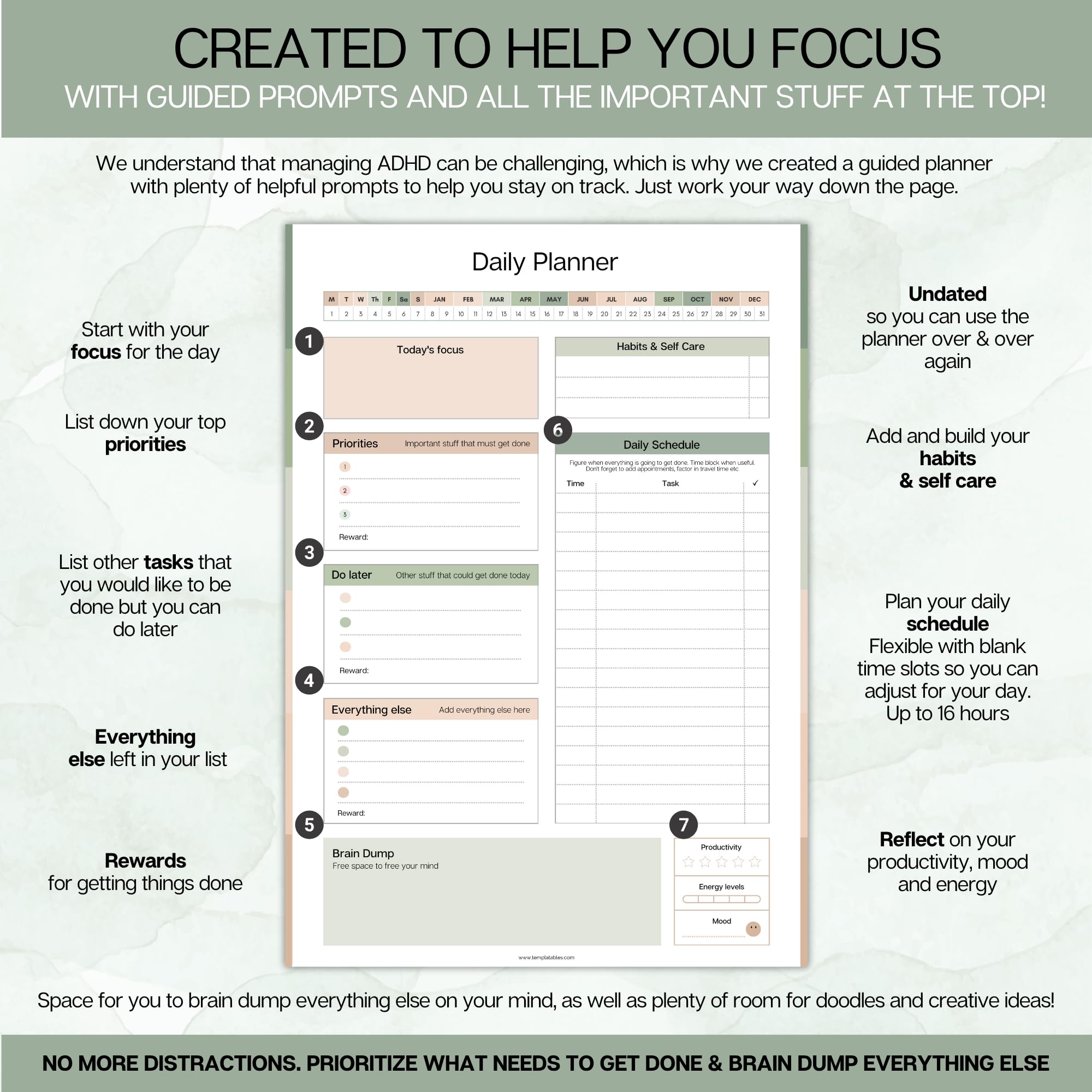 ADHD Daily Planner for Neurodigenic Adults, Daily Productivity Planner and Task Management to Stay Organized and Focused (Green)