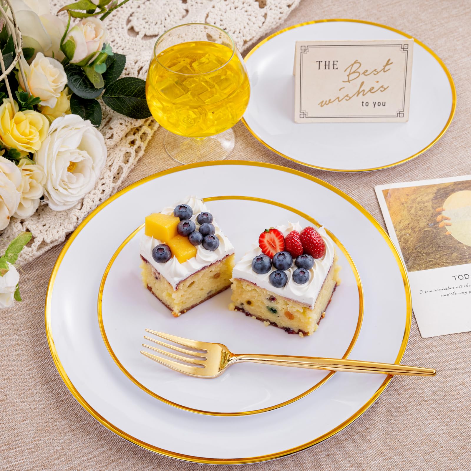 LIYH 60 Pcs Gold Plastic Plates Disposable - White Plastic Plates for Party/Weddings Include 30 White Gold Rim Dinner Plate 10.25" & 30 Dessert Plate 7.5 "
