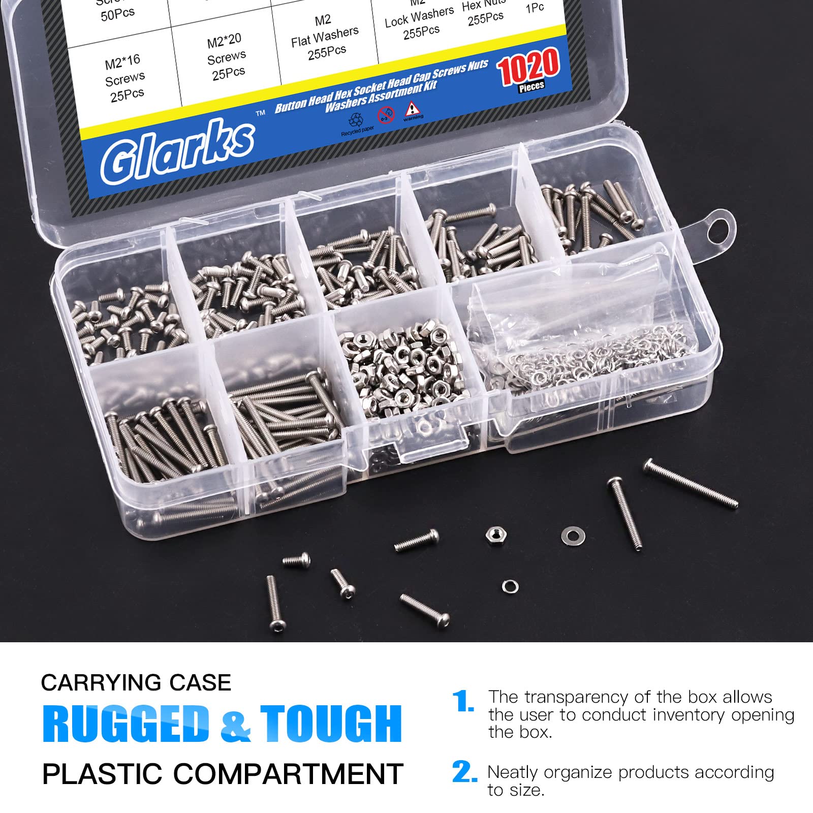 Glarks 1021Pcs M2 Button Head Screws 304 Stainless Steel Hex Socket Cap Screws Bolts and Nuts Washers Assortment Kit with Hex Wrench for Machinery Furniture Car Repair