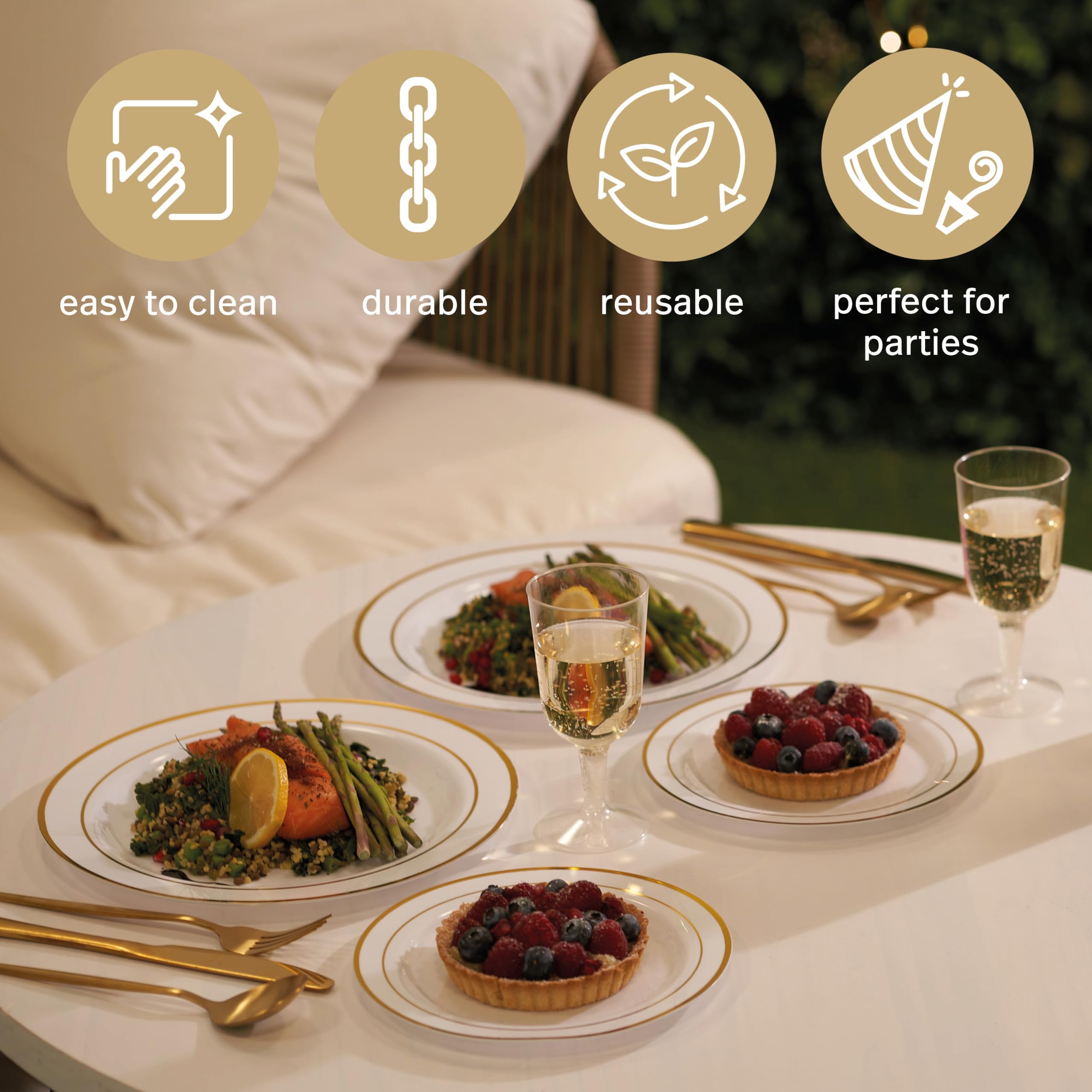 MATANA 60 pc Reusable Gold Plastic Plates with White Gold Rim - 30 Dinner Plates 10.25" Inch, 30 Salad Dessert Appetizer Plates 7.5" Inch, Heavy Duty, Elegant, Premium for Parties, Wedding & Events
