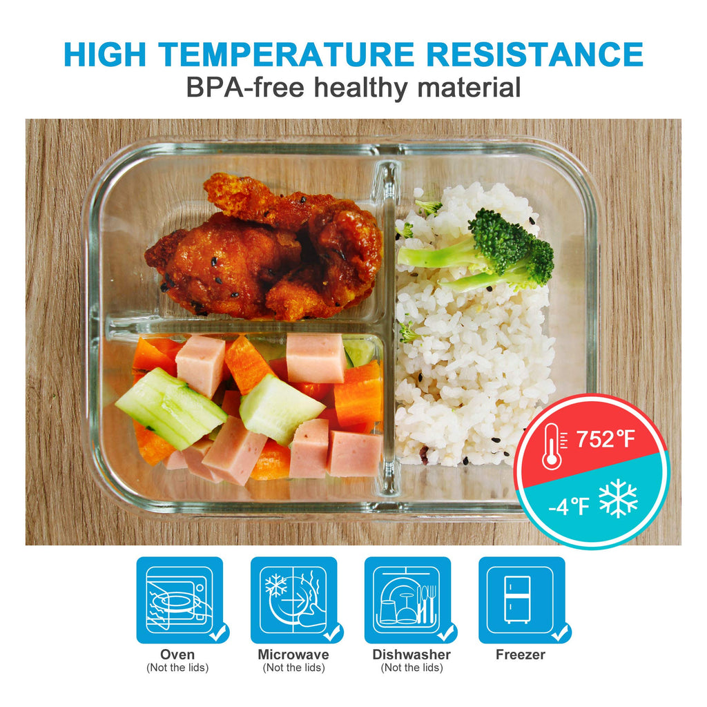 DAS TRUST 3 Pack 36oz Bento Box Glass Meal Prep Containers 3 Compartments Glass Food Storage Containers with Lids Meal Prep Bowls Lunch Box Glass Food Prep Container Lunch Containers for Microwave