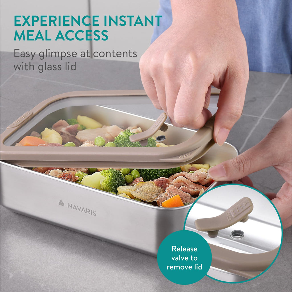 Navaris Microwave-Safe Steel Lunch Box - Microwavable & Reusable Stainless Steel Bento Box - Light & Durable - Lunch or Snack Container Bento Box and Food Storage - Set of 2 Brown