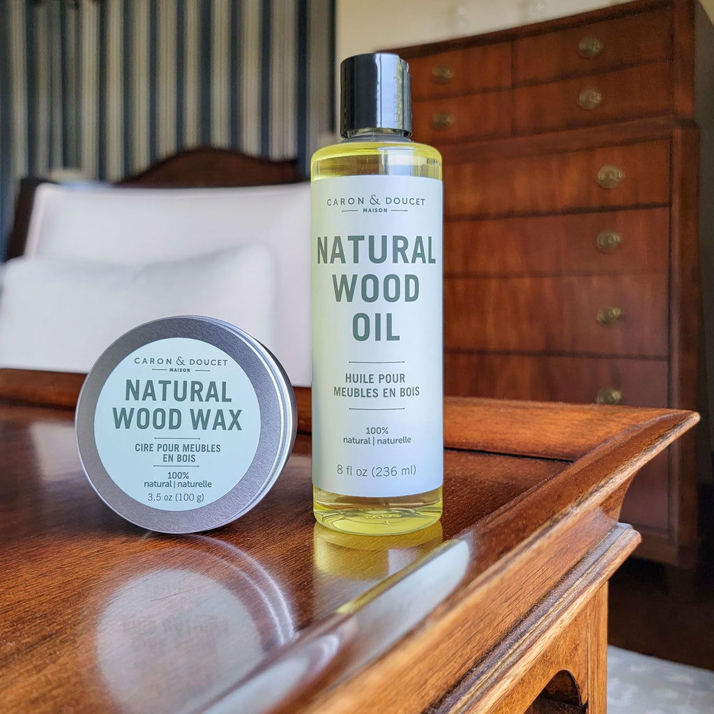 Caron & Doucet - Natural Wood Conditioning Oil and Wax Bundle - 100% Plant Based Wood Conditioning and Polishing Oil - Orange Scented - Suitable for Natural Wood Furniture. (8oz)