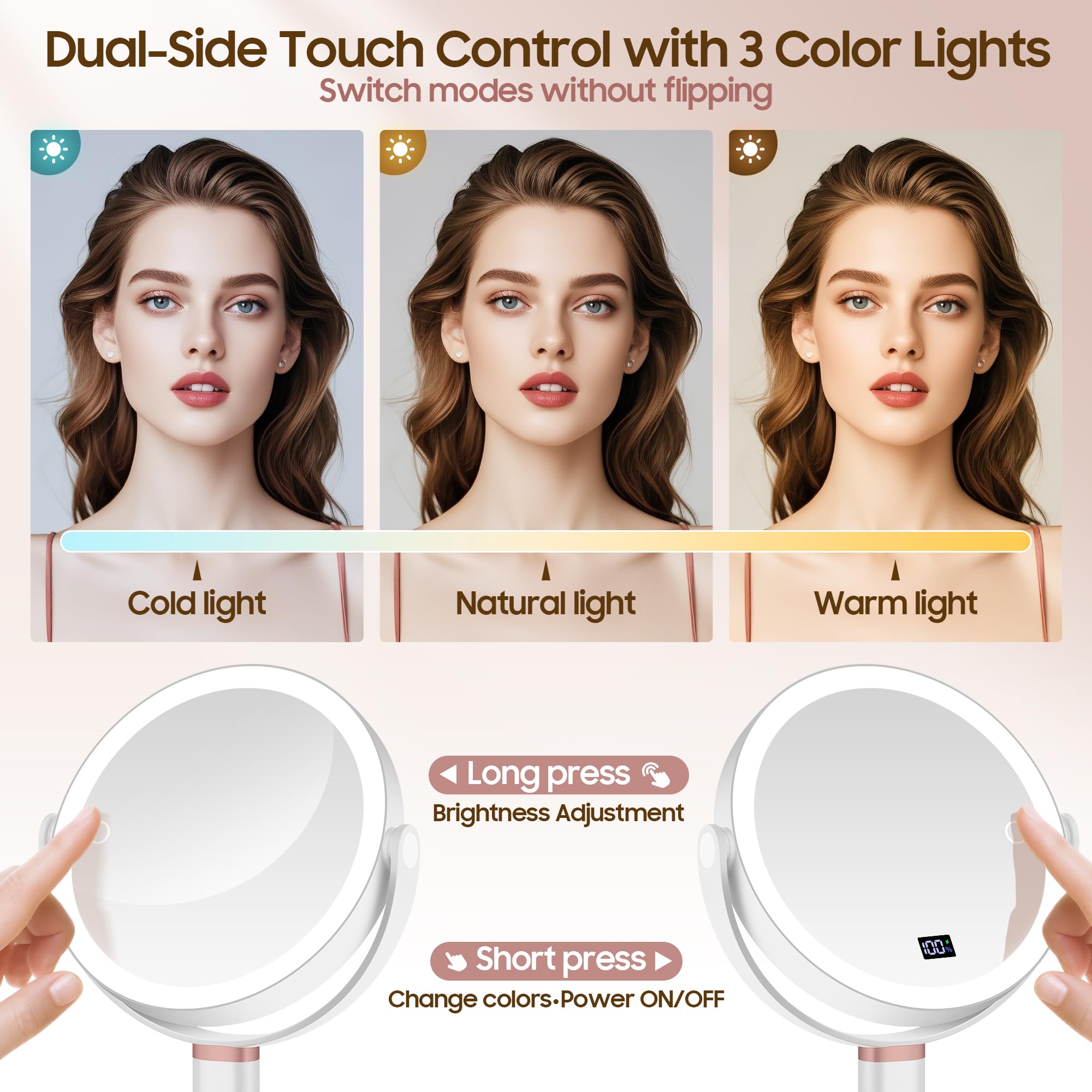 GOMIPURU Makeup Magnifying Mirror with Light 30X/1X, Digital Display, 2-Sided Touch Control, Makeup Mirror with 3 Color Lights,360°, Height Adjustable Lighted Magnifying Mirrors for Desk Travel,White