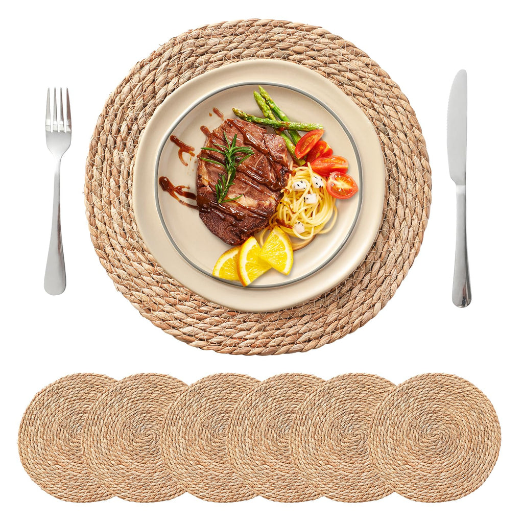 Round Woven Placemats Set of 6, 13.5 inch Boho Rattan Chargers for Dinner Plates, Rustic Wicker Place Mats, Hand-Woven from Natural Hyacinth, for Dining Table, Farmhouse, and Thanksgiving