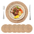 Round Woven Placemats Set of 6, 13.5 inch Boho Rattan Chargers for Dinner Plates, Rustic Wicker Place Mats, Hand-Woven from Natural Hyacinth, for Dining Table, Farmhouse, and Thanksgiving