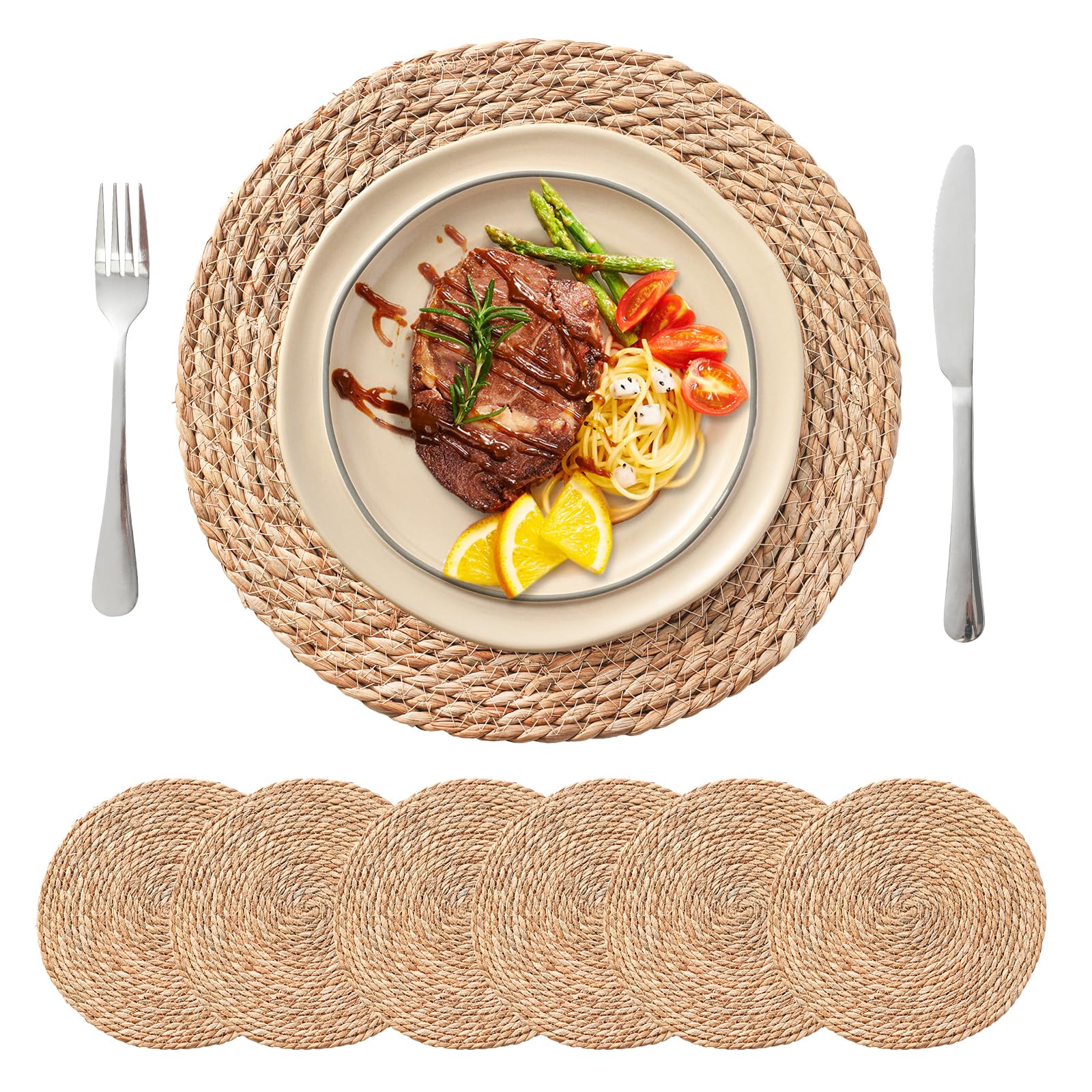 Round Woven Placemats Set of 6, 13.5 inch Boho Rattan Chargers for Dinner Plates, Rustic Wicker Place Mats, Hand-Woven from Natural Hyacinth, for Dining Table, Farmhouse, and Thanksgiving