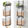 HapiRm Towel Rack Bathroom Storage - 3 Tier Over The Door & Wall Mounted Rolled Towel Rack Holder Organizer with Metal Shelf and 6 Hooks for Small Bathroom, Camper, Rv - Black