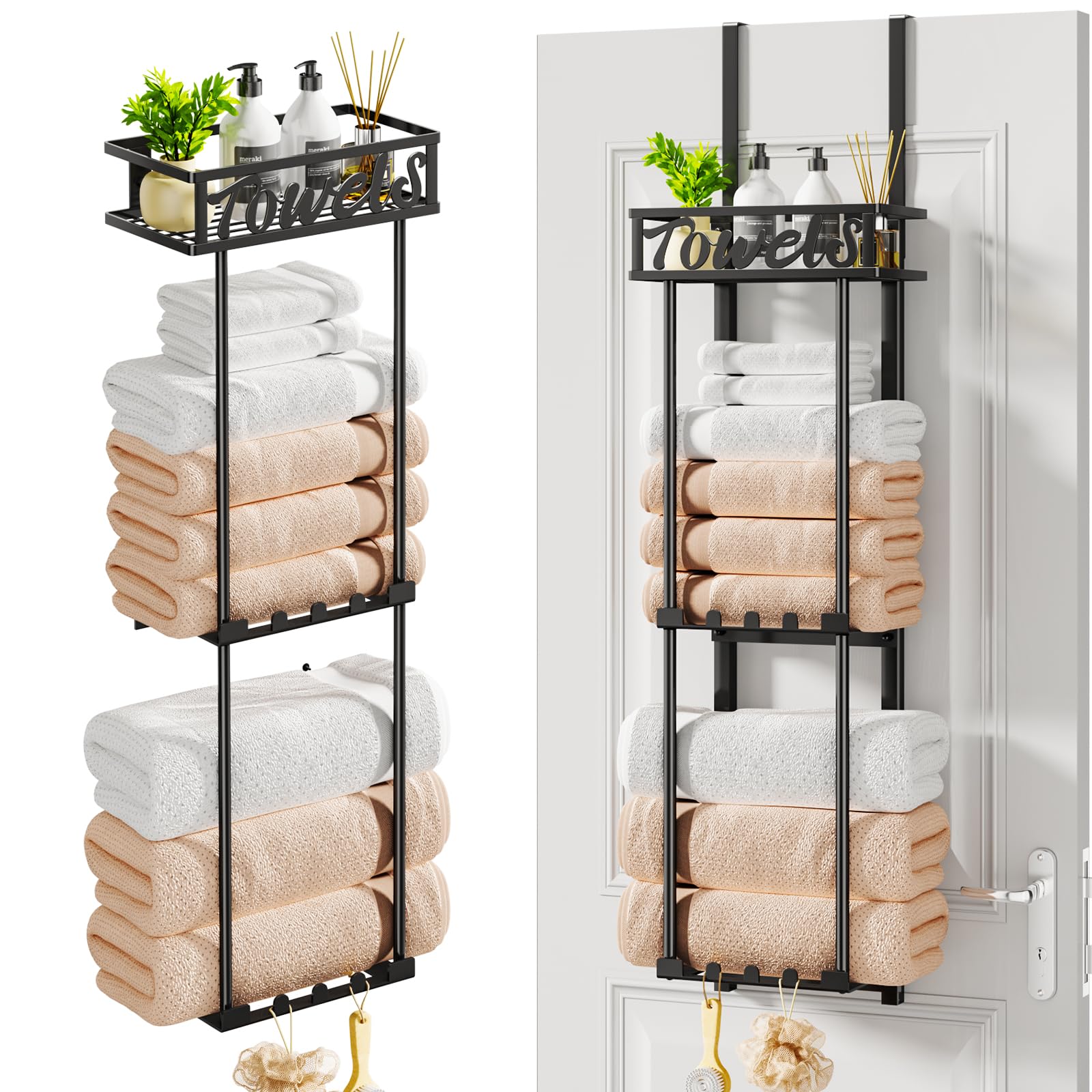 HapiRm Towel Rack Bathroom Storage - 3 Tier Over The Door & Wall Mounted Rolled Towel Rack Holder Organizer with Metal Shelf and 6 Hooks for Small Bathroom, Camper, Rv - Black