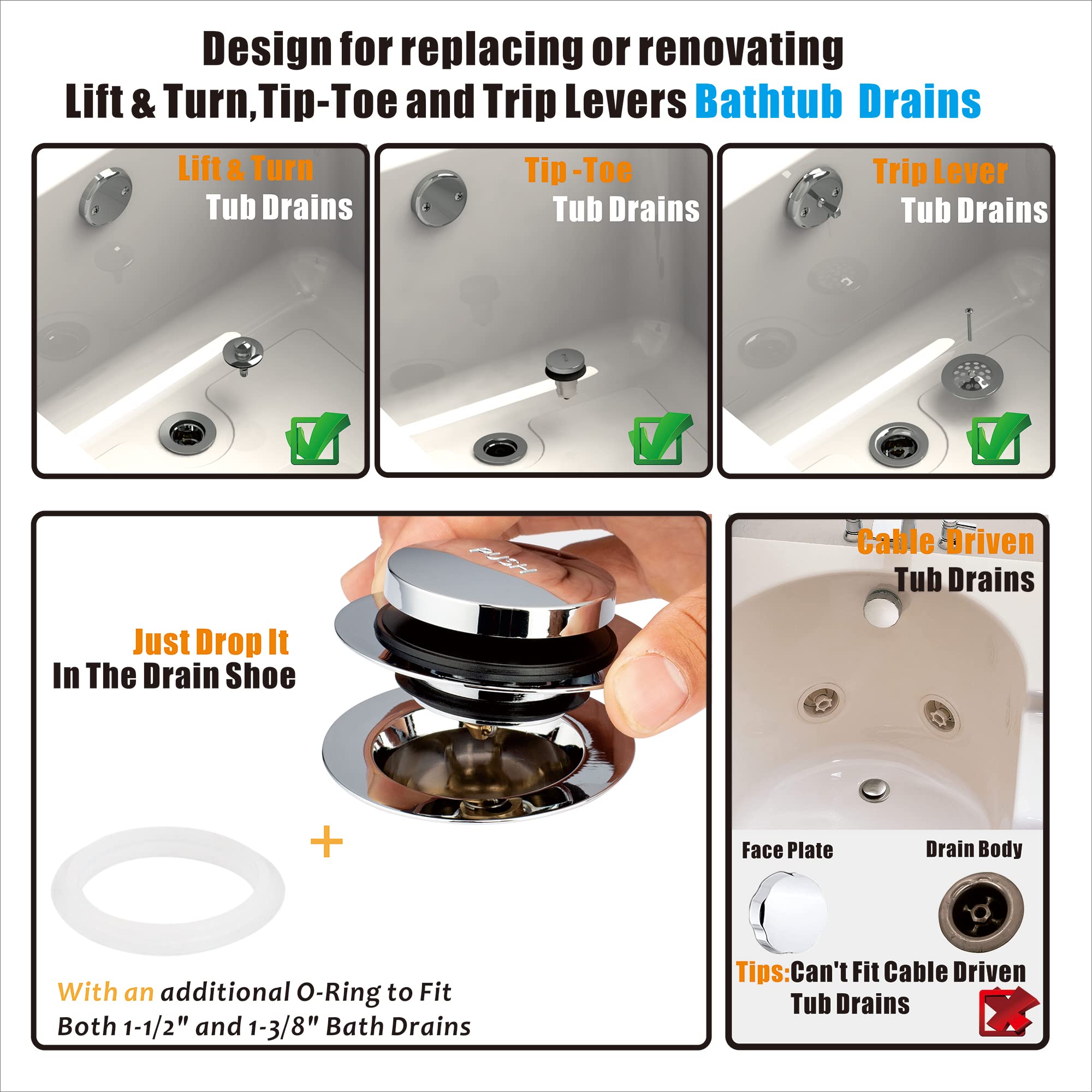 Artiwell Universal Tip Toe Bath Drain Stopper and Cover, Bathtub Drain Stopper, Replaces Lift and Turn, Tip-Toe and Trip Lever drains for Tub, EZ Installation and Clearing