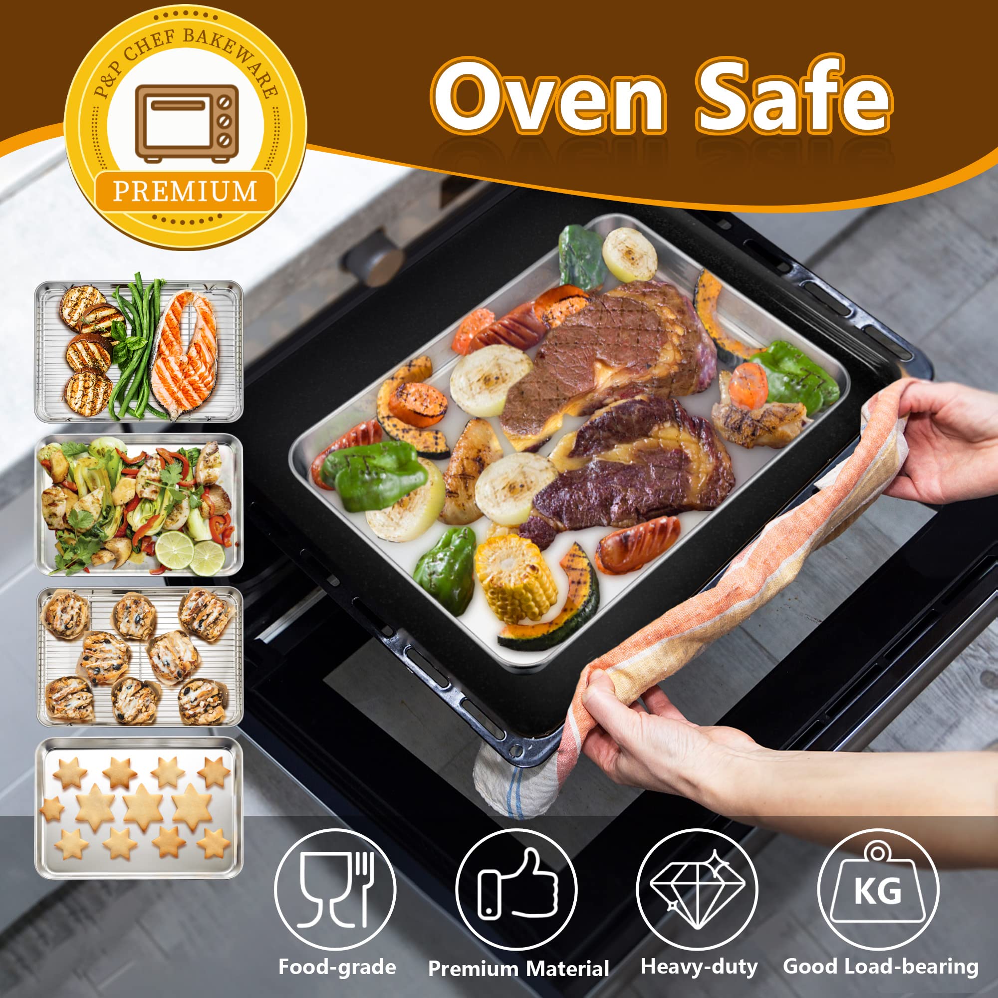 Toaster Oven Pan and Rack Set, P&P CHEF Toaster Oven Tray with Broiler Rack, Rectangle 12.5’’x9.7’’x1’’, Non Toxic & Healthy, Heavy Duty & Rust Free - Dishwasher Safe