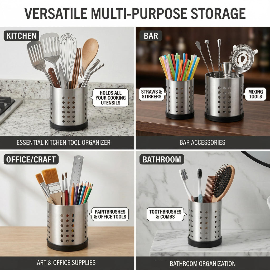 TOPZEA Set of 4 Kitchen Utensil Holder, Stainless Steel Cooking Utensil Organizer Kitchen Tools Flatware Holder Utensil Drying Cylinder Countertop Silverware Caddy