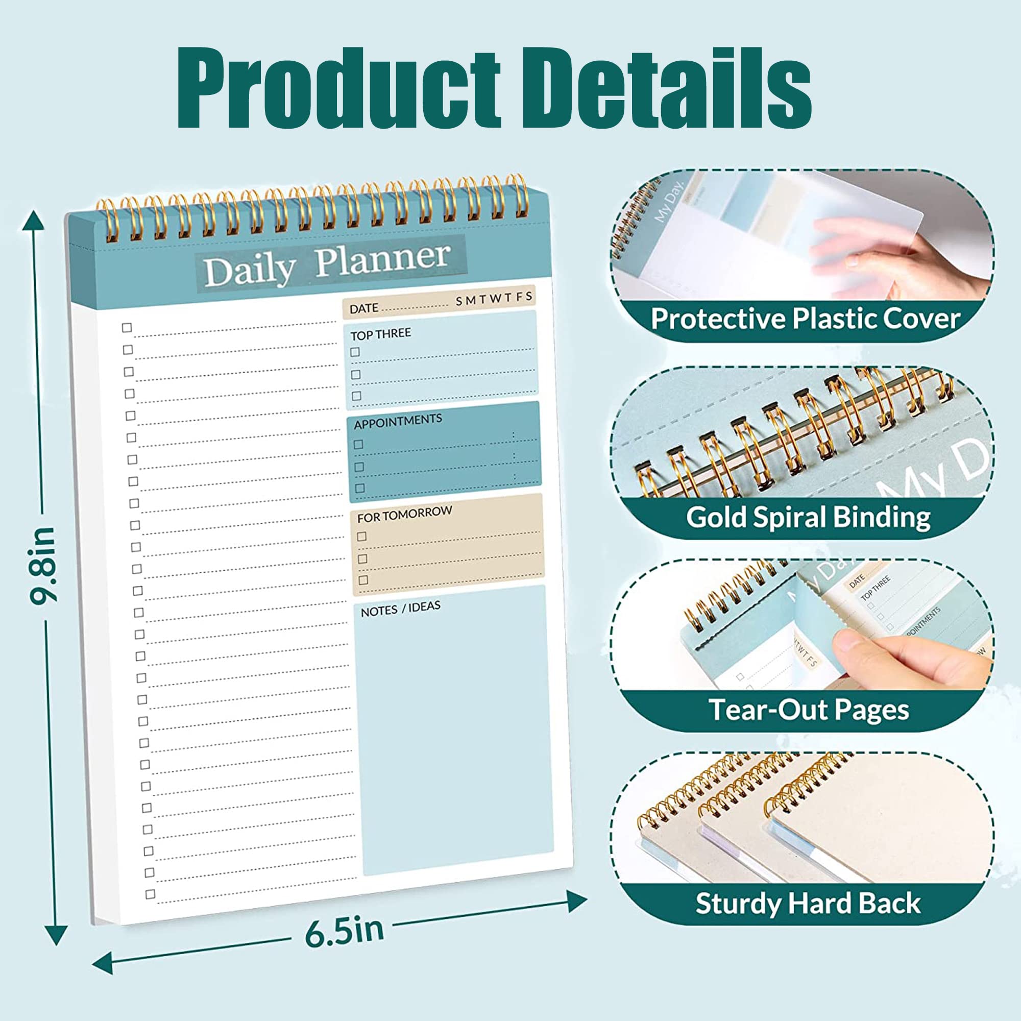 Daily Planner Notepad, 4 Pack To Do List Notepad, 52 Pages, Undated Planner and Organizer, A5, Daily Tasks Planner, Office Schedule Agenda