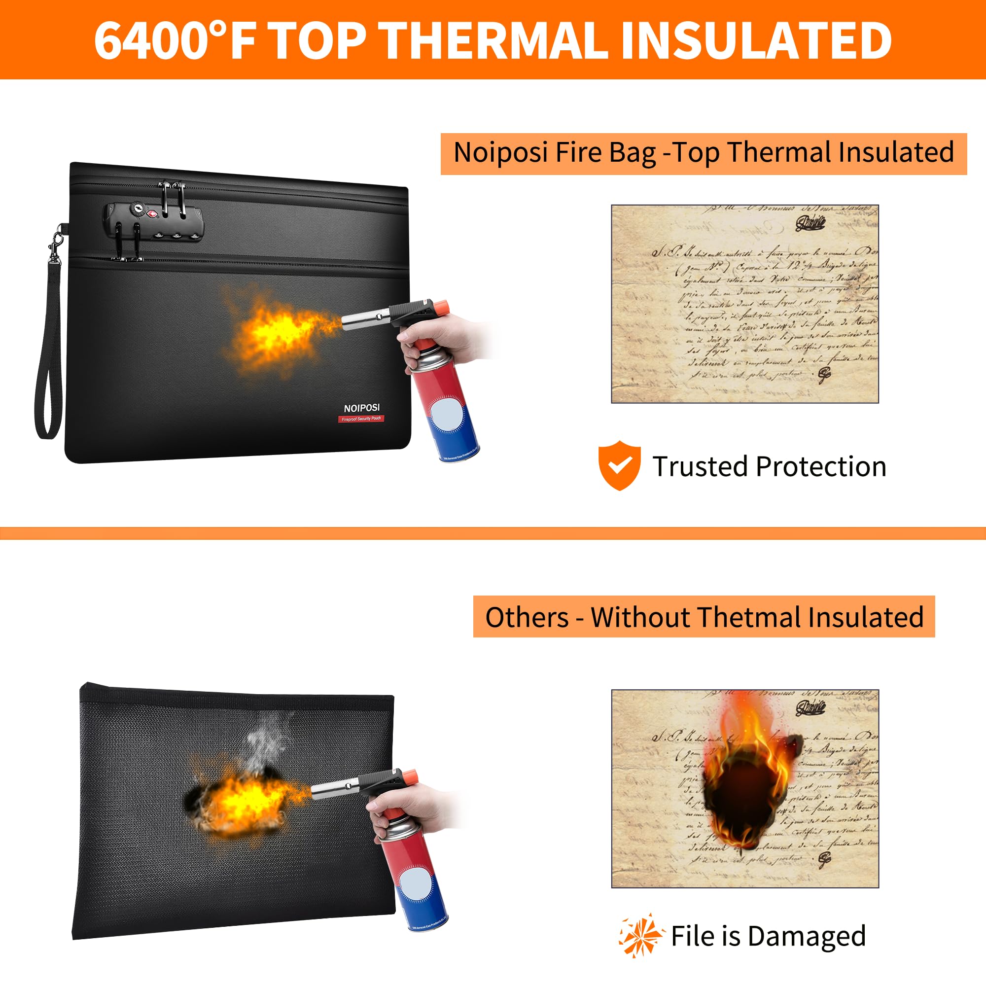 Noiposi 6400℉ Fireproof Document Bag with Lock,Dual-Zip Compartments Fireproof Money Bag for Cash & Documents,12 Layers Heat Insulated Fire Proof Bag,Protects Important Papers,Valuables (Black, L)