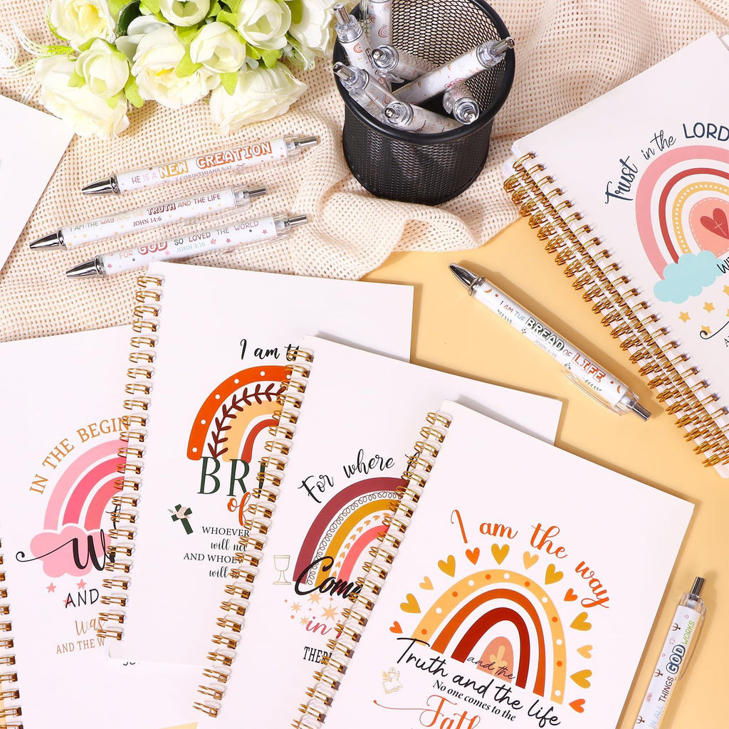 GANGBARU 24 Pcs Christian Gifts Notebooks Bible Verse Ballpoint Pen Religious Spiral Notebook Inspirational Pens Scripture Journals Notepad Bulk for Women Men Church Office Sunday School Supplies
