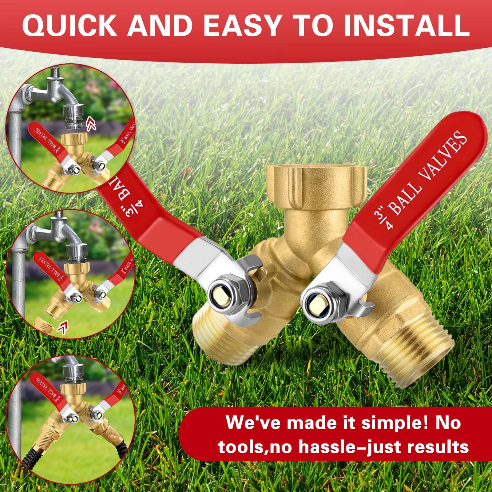 Garden Hose Splitter 2 Way, Heavy Duty Brass Water Hose Splitter with Stainless Steel Long Handle, 3/4" GHT Thread Garden Hose Y Splitter 2 Way, Full Flow Hose Splitter Connector