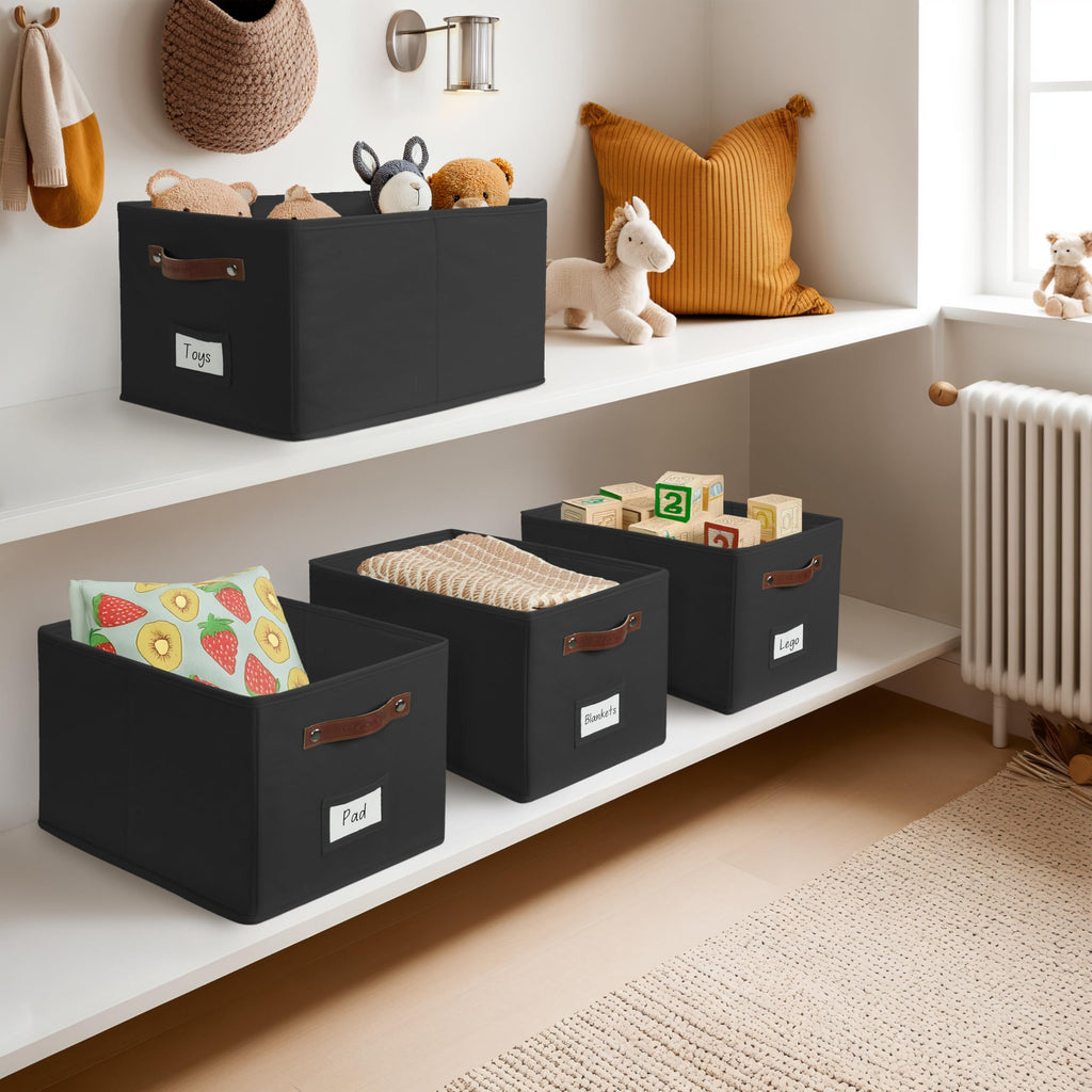 DECOMOMO Storage Baskets for Shelves, 15x11x9.9 inches Foldable Storage Bins with Labels (Black, 4pcs)