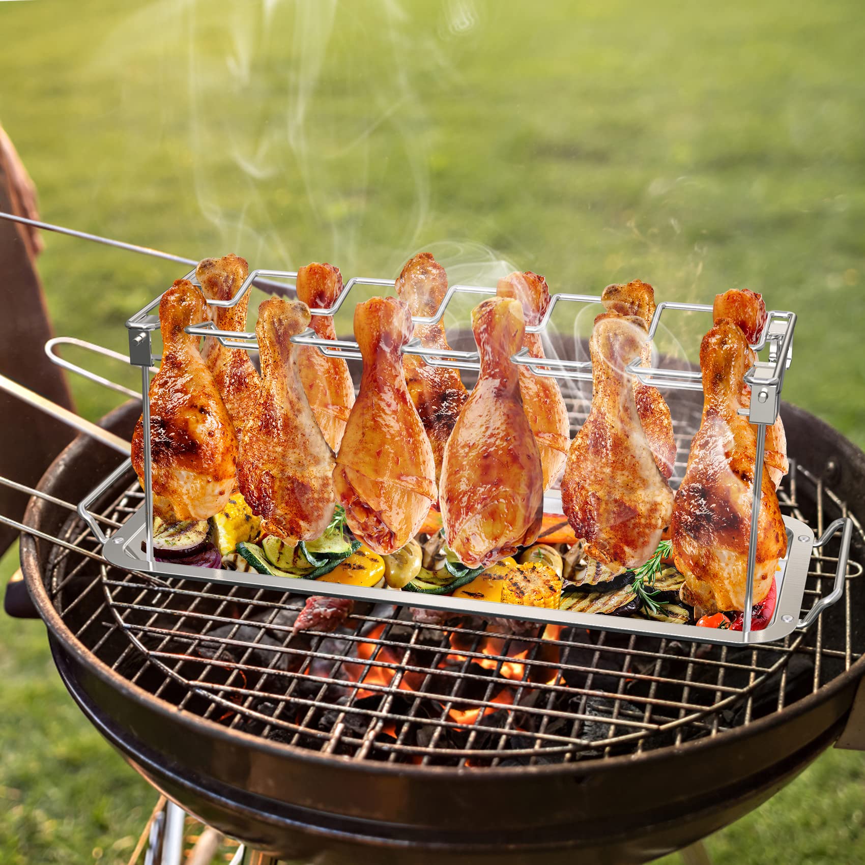 Onlyfire Stainless Steel Chicken Wing Leg Rack with Drip Tray for Smoker Grill,Oven and Charcoal Kettle,Hang Up to 14 Chicken Legs or Wings