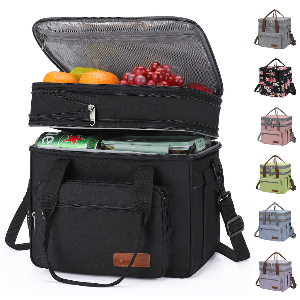 Maelstrom Lunch Bag Women,23L Insulated Lunch Box for Men Women,Expandable Double Deck Cooler Bag,Lightweight Leakproof Tote Bag with Side Tissue Pocket (Black)
