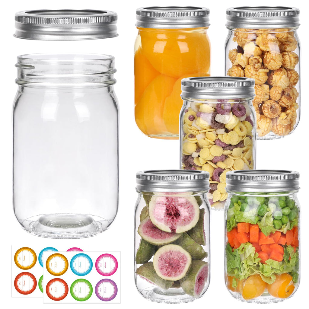 Jinaneil 6 Pack 12 oz Regular Mouth Mason Jars with Silver Lids and Bands, Bonus 6 One-Piece Lids -Glass Canning Jars for Pickling, Canning, Meal Prep