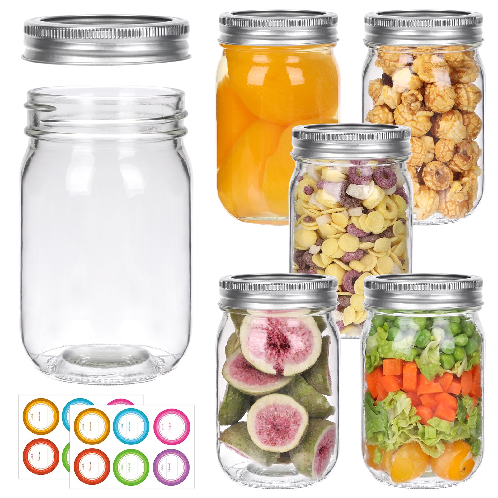Jinaneil 6 Pack 12 oz Regular Mouth Mason Jars with Silver Lids and Bands, Bonus 6 One-Piece Lids -Glass Canning Jars for Pickling, Canning, Meal Prep