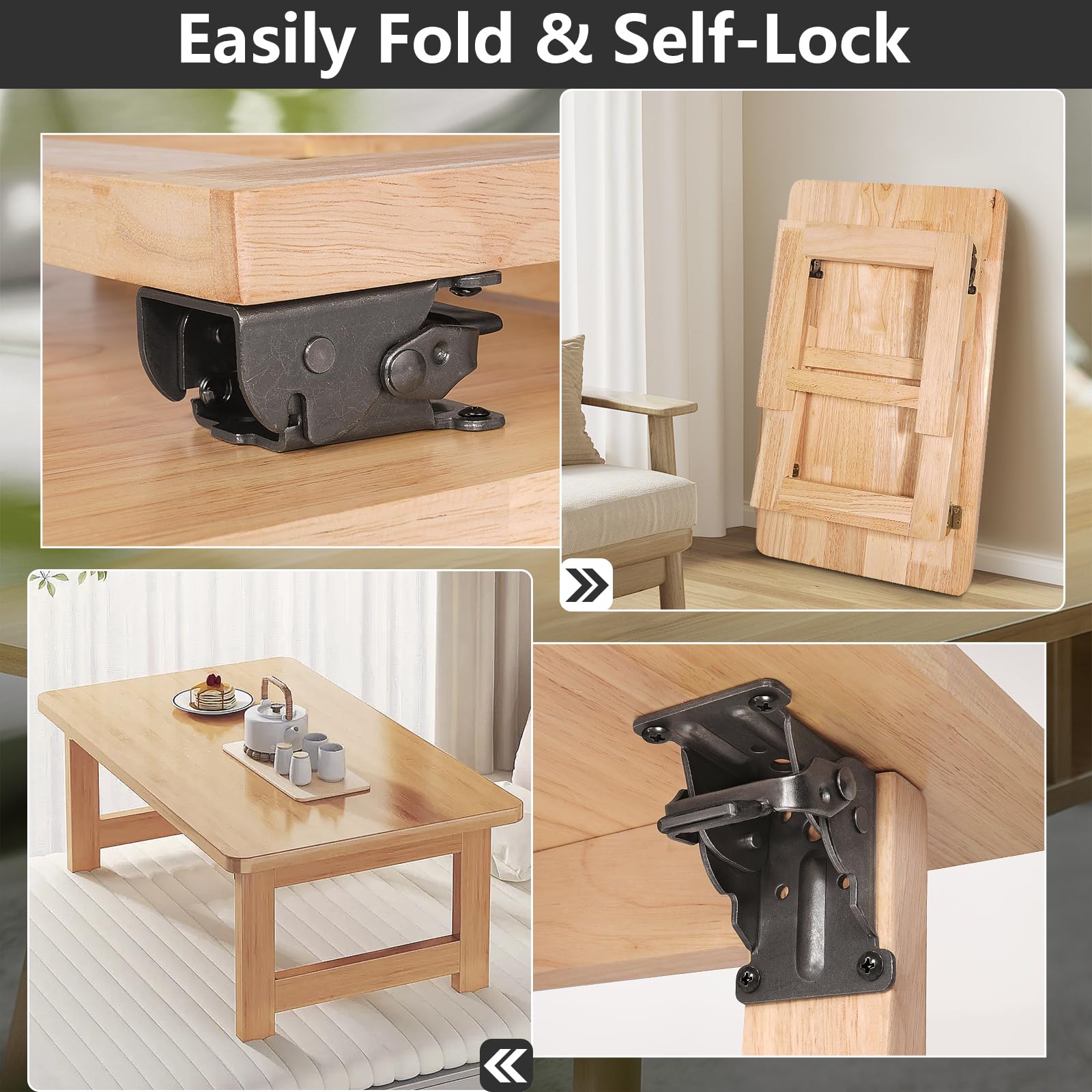 4 Pack Folding Brackets, Self-Lock Hinge with Screws for Folding Table Legs, Lock Extension Support Bracket Bed Legs, Black