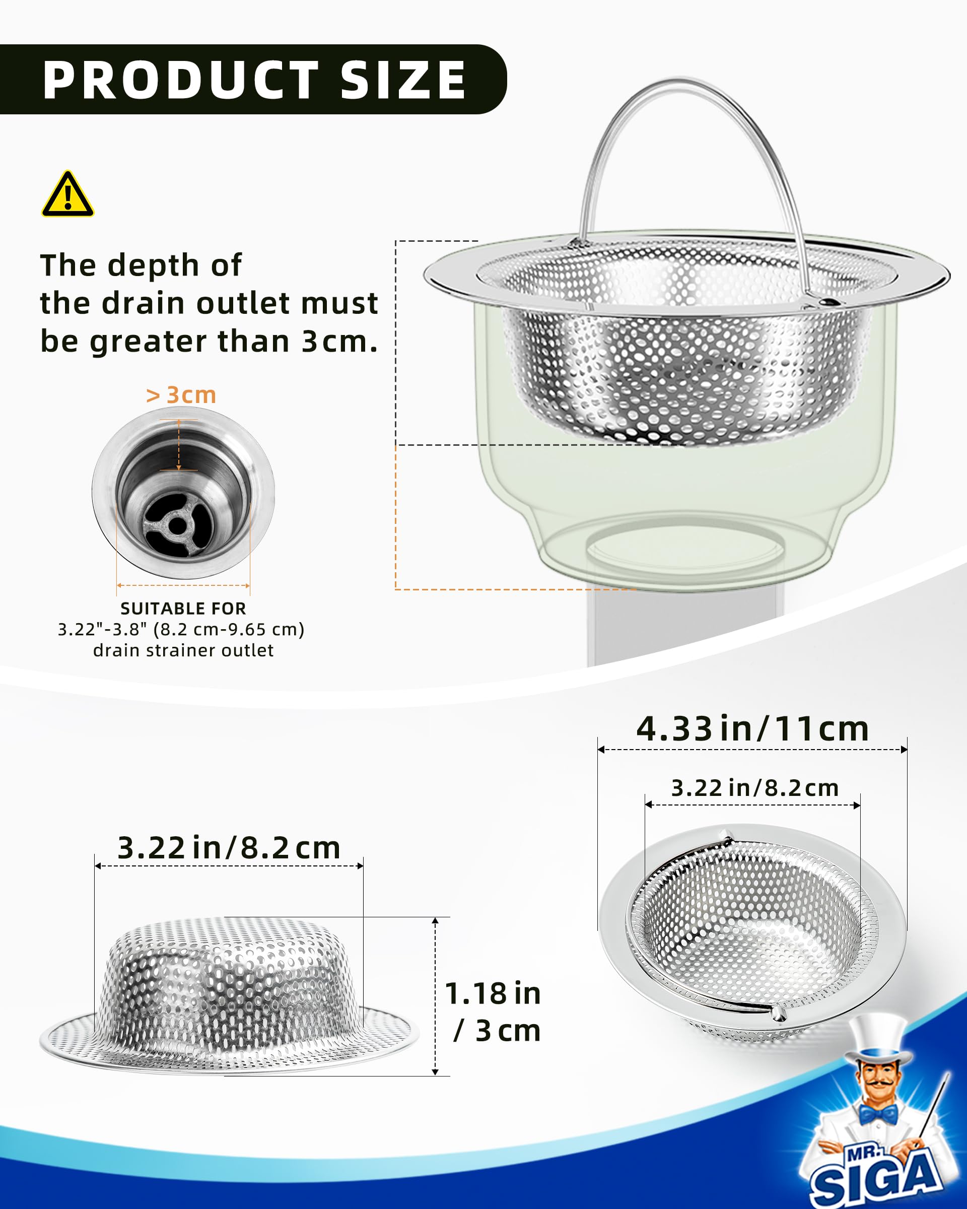 MR.SIGA Kitchen Sink Strainer, Stainless Steel Sink Drain Strainer, Dishwasher Safe, 2 Pack