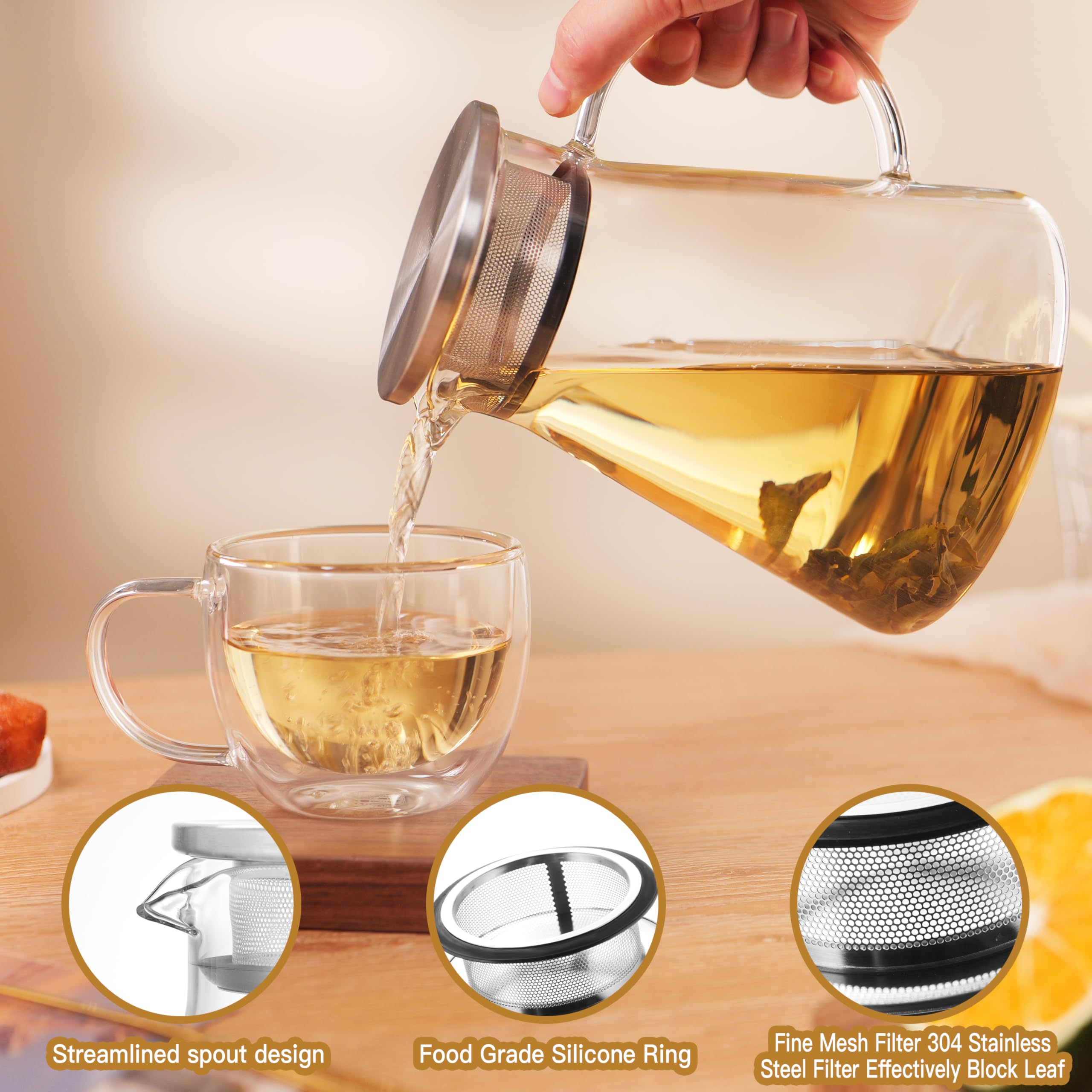 CNGLASS 40oz/1200ml Glass Teapot Stovetop Safe,One-Touch Clear Tea Kettle,Blooming and Loose Leaf Tea Maker Set