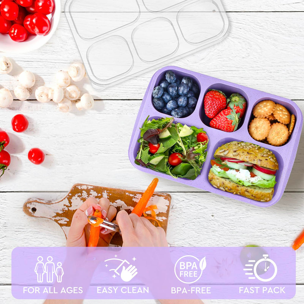 MaMix Bento Box Adult Lunch Box, 5 Compartment Bento Box for Adults 4 Pack, Reusable Stackable Snack Containers for Kids Adults with Utensils, for School, Work, and Travel (Wheat)