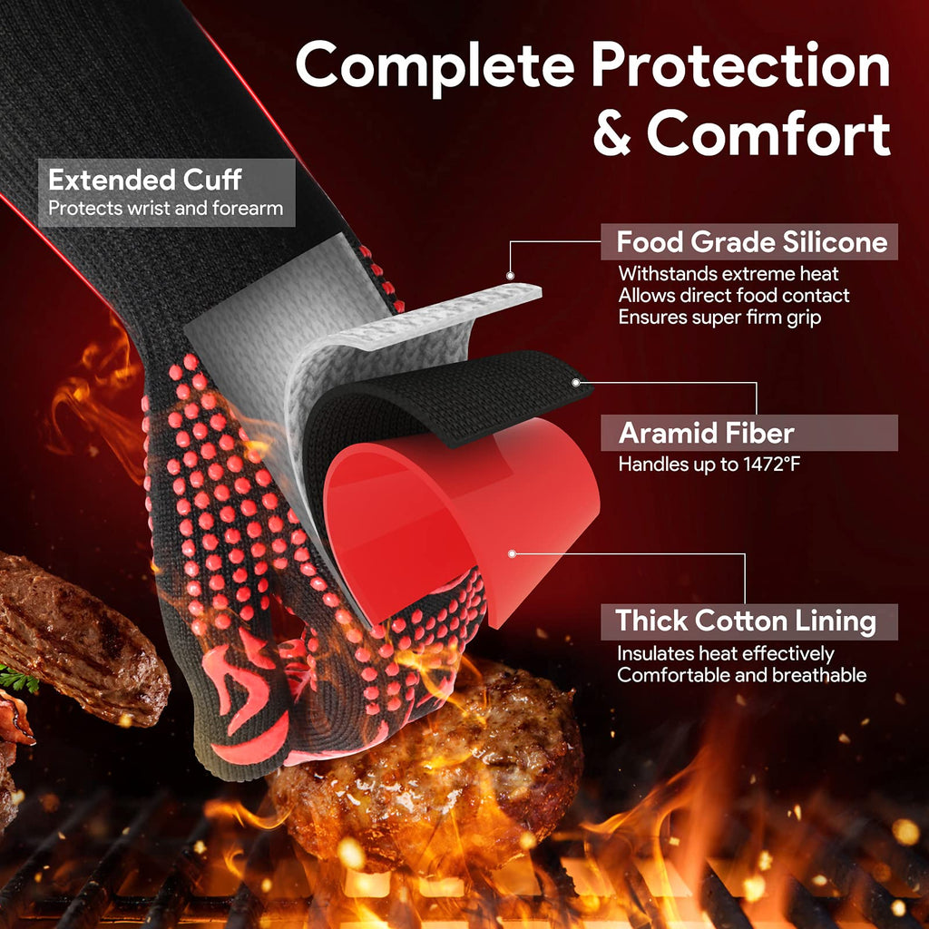 BBQ Gloves, Heat Resistant Oven Mitts Grilling Gloves - 1472℉ Extreme Heat Resistant, Oven Gloves Silicone - Cooking Gloves for Grilling, BBQ, Baking, Welding (A Pair)