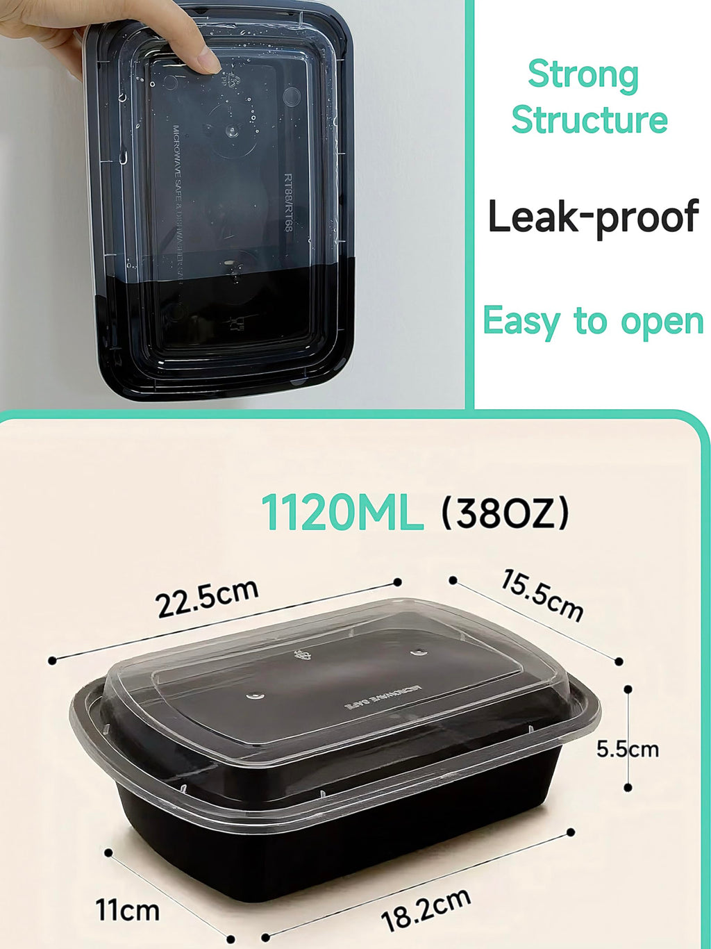 15Pack 38oz Reusable Plastic meal prep containers with lids， Rectangular Food Storage Container，Take out Containers ，Freezer/Microwave Safe