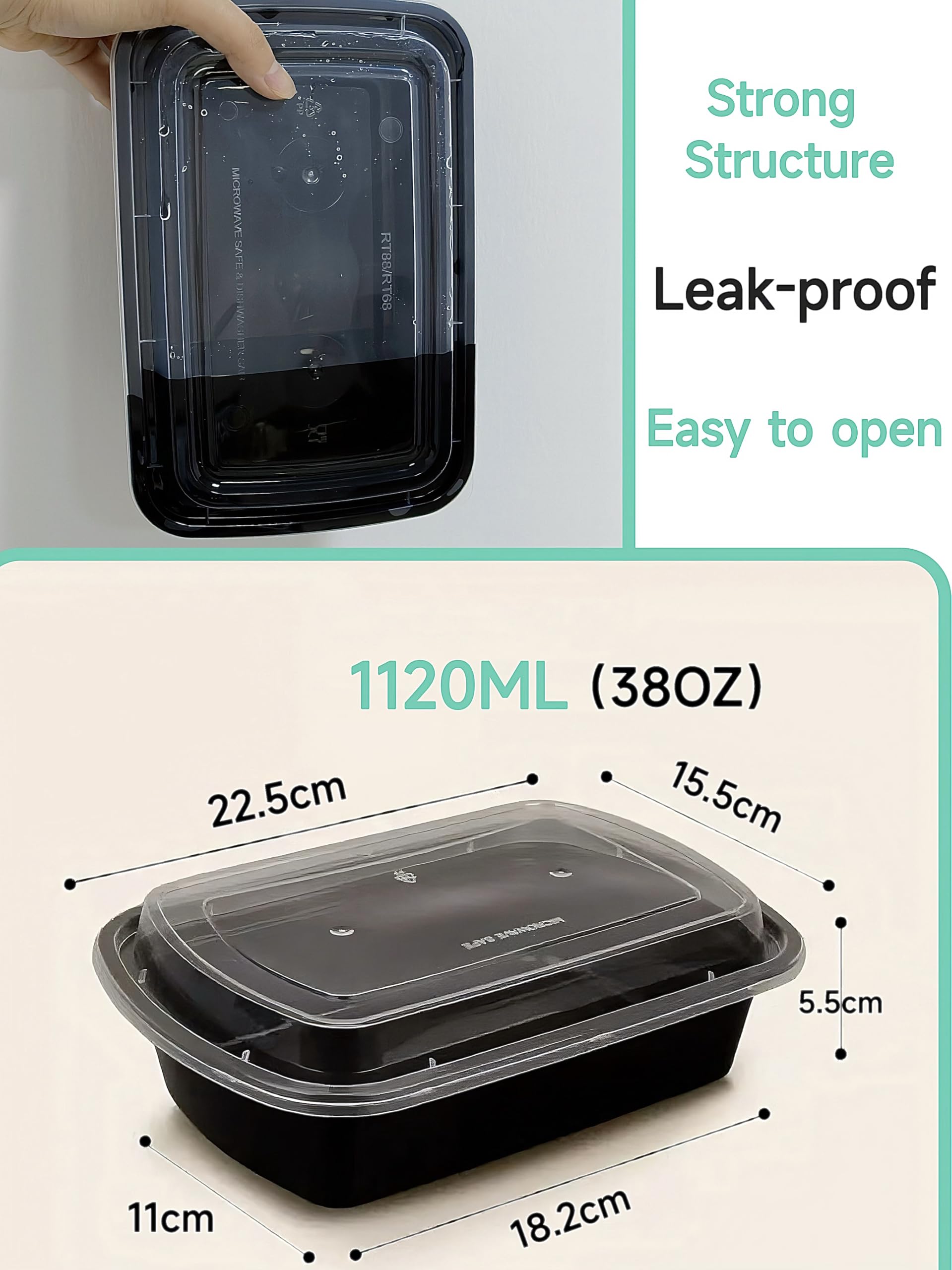 15Pack 38oz Reusable Plastic meal prep containers with lids， Rectangular Food Storage Container，Take out Containers ，Freezer/Microwave Safe