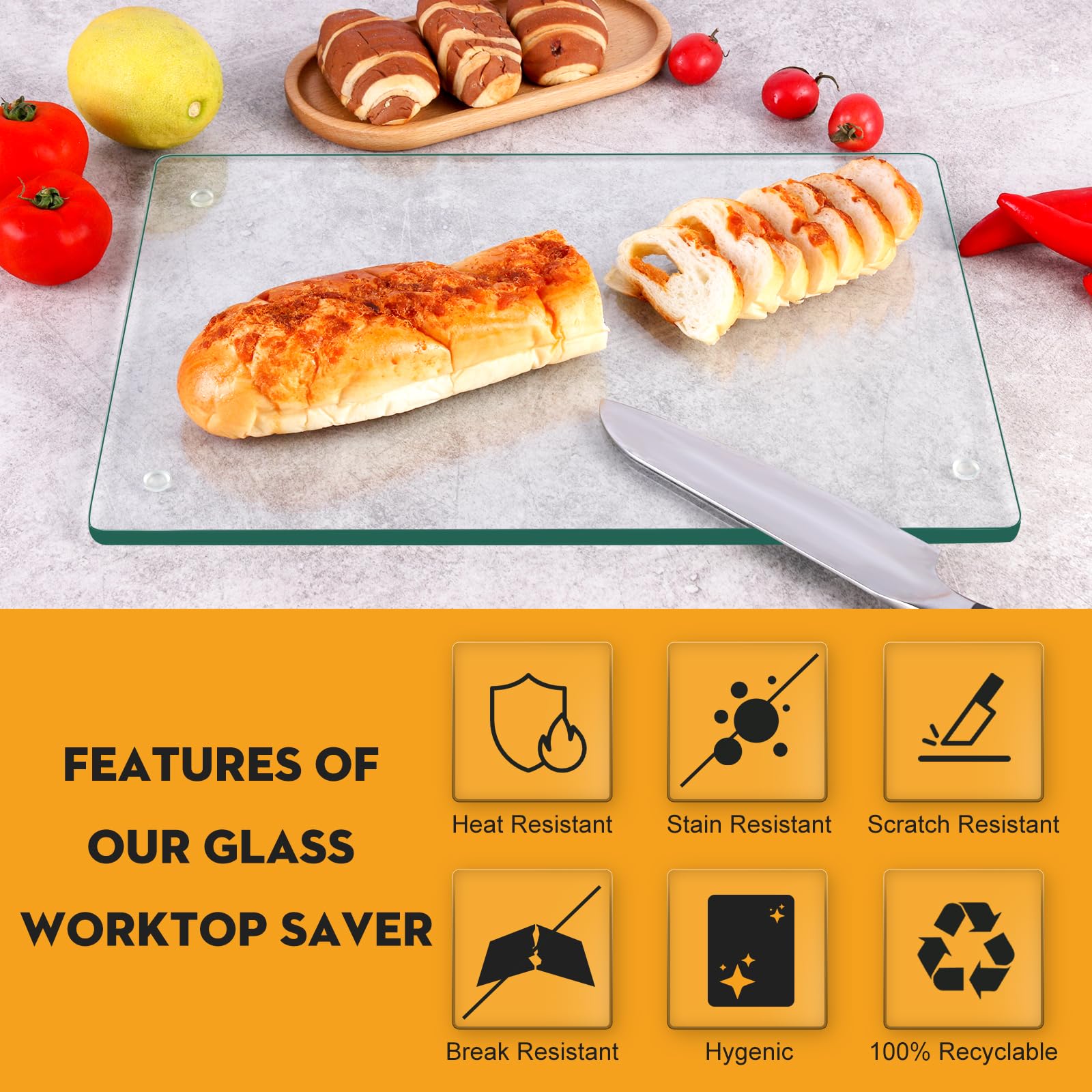 EVENLIVE®Tempered Glass Cutting Board for Kitchen，2 Pack of 16 x 12" Safe Hygienic Glass Worktop Savers，Clear Chopping Board Tray for Kitchen Countertop, Shatter-Resistant, Heat-Resistant,Easy-Clean