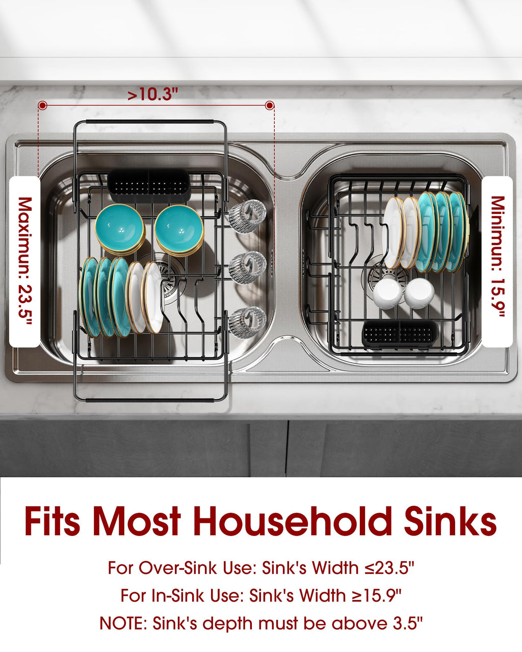 Sakugi Dish Drying Rack in Sink - Expandable Stainless Steel Dish Rack Over The Sink, Kitchen Sink Drain Strainer with Cutlery Holder & Cup Holders, 15.4 x 9.8 x 3.0 Inch, Black