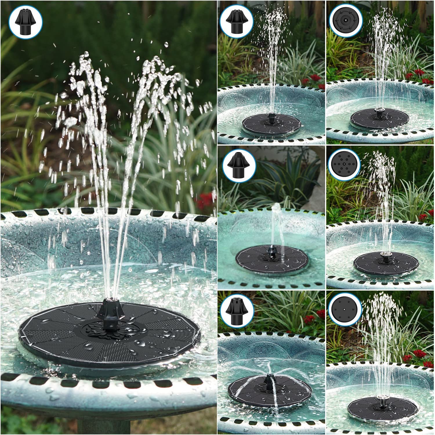 SZMP Solar Bird Bath Fountain, 3.5W Glass Panel Solar Water Fountain Pump 2000mAh Battery 4 Fixed Pipes 7 Nozzles Pool Fountain for Bird Bath Small Pond Garden Décor