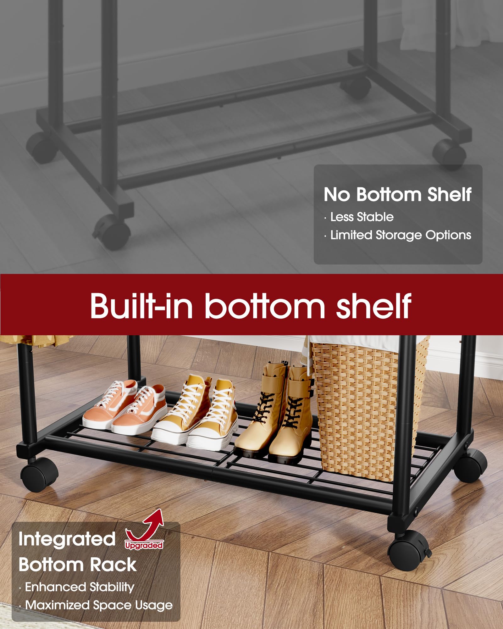 Sakugi Clothing Rack - Double Rod Coat Rack with Fixed Extension Bar, Built-In Mesh Shelf & Lockable Wheels, Multi-Purpose Clothes Rack for Bedroom, Laundry, Entryway, 98cm x 42cm x 150cm, Black