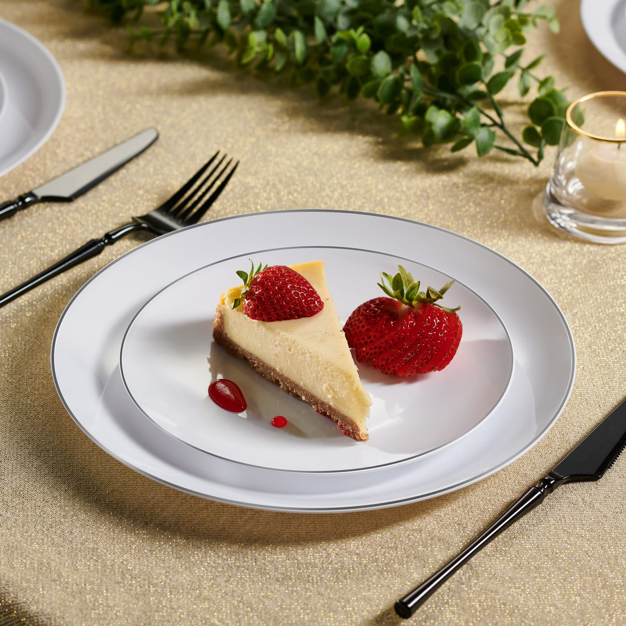 PLASTICPRO 32 Piece Combo Plates Set includes 16-7'' inch Plate & 16-10'' inch Plates White Plates with Silver Rim Plastic PartyPlate Premium heavyweight Elegant, Disposable, Tableware, Dishes,