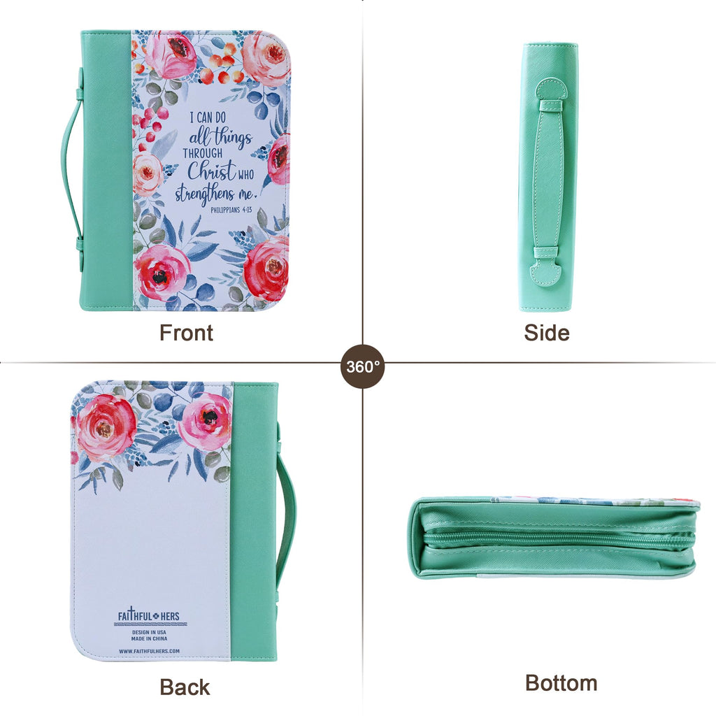 Faithful Hers Bible Covers Case for Women Leather Large Study Bible Carrying Cases Holder 11"x8.2"x2.2" Floral Bible Carrier Tote Bags with Handles Pockets Christian Bible Accessories Gifts