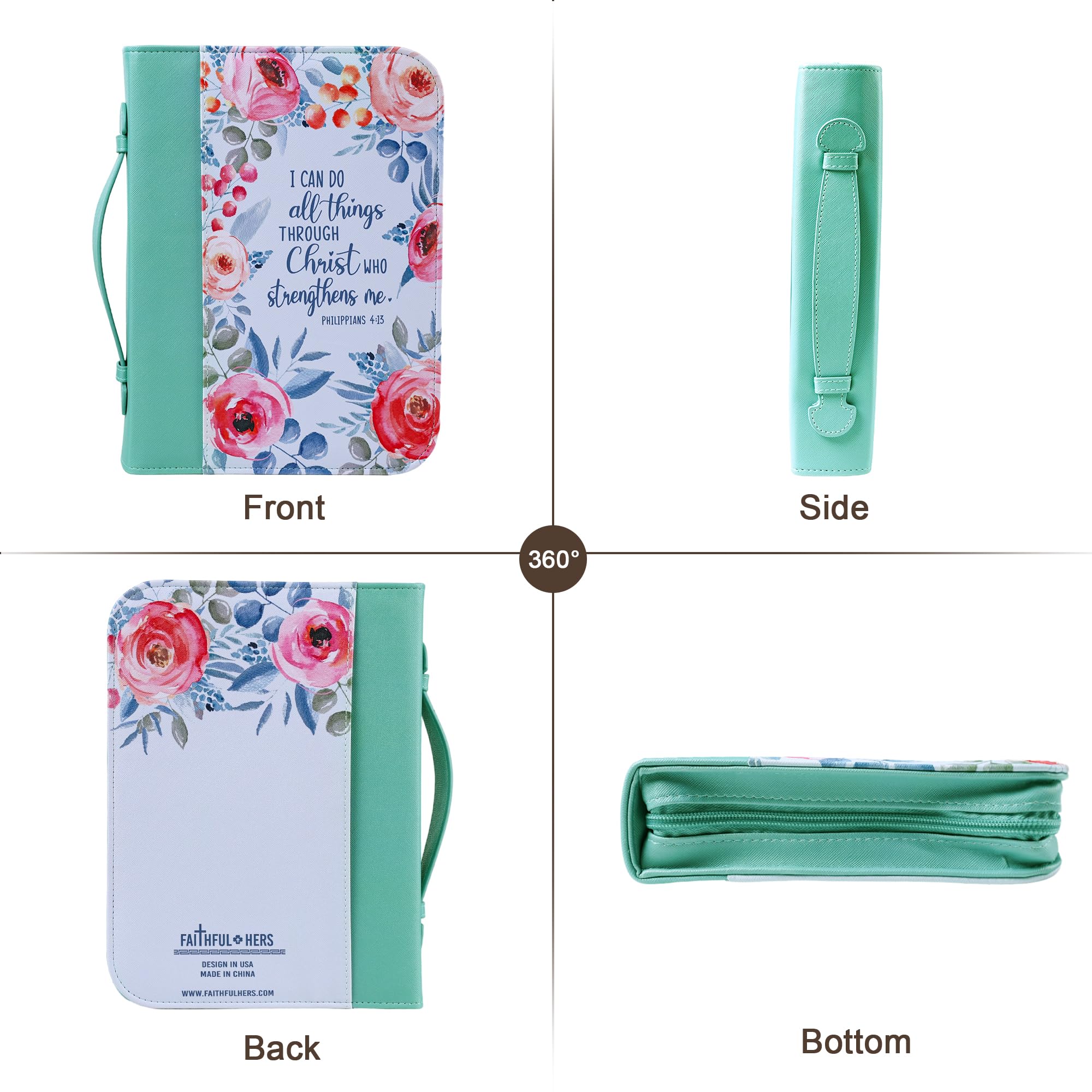 Faithful Hers Bible Covers Case for Women Leather Large Study Bible Carrying Cases Holder 11"x8.2"x2.2" Floral Bible Carrier Tote Bags with Handles Pockets Christian Bible Accessories Gifts