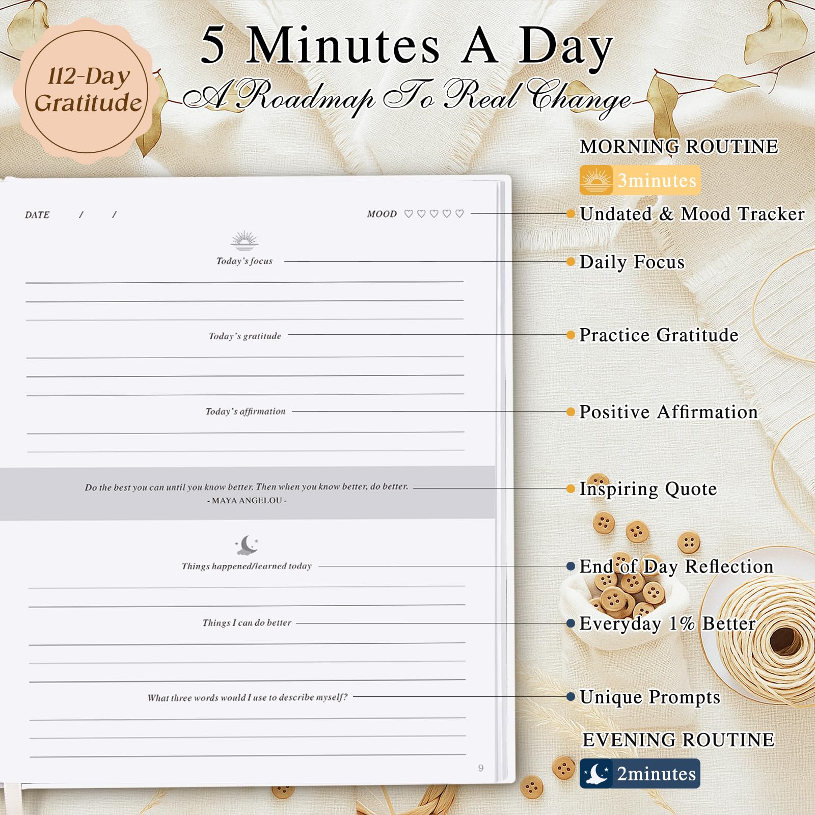 Lanpn Daily Gratitude Journal for Woman Men, 4 Month Affirmation & Mindfulness Planner, 7.8"x9.2" The 5 Minute Grateful Guided Diary, Undated Reflection Notebook with Positivity Prompts & Quotes