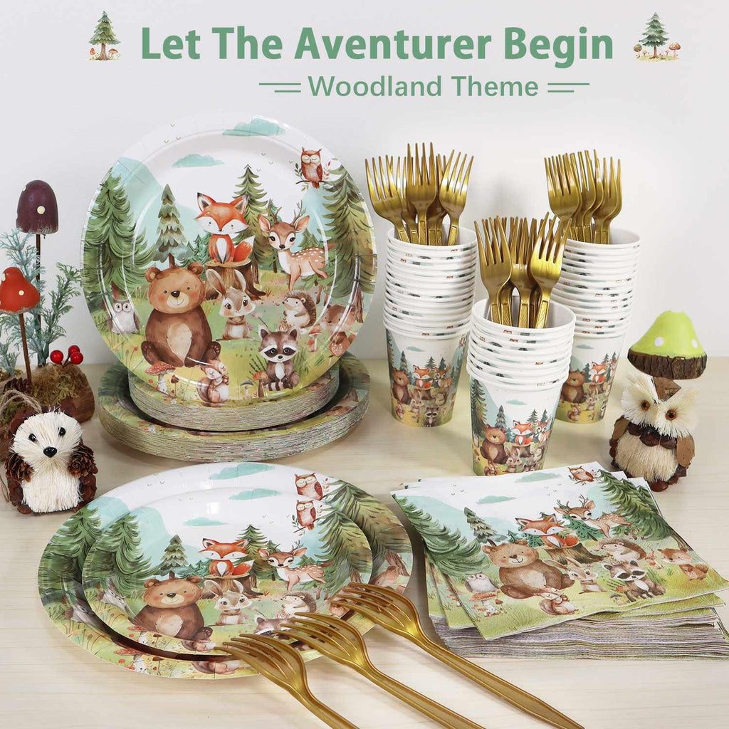 Woodland Baby Shower Decorations Plates Set 25 Guests, 125 Pcs Paper Plates Napkins Cups Cutlery Forest Animals Theme Birthday Decorations Tableware