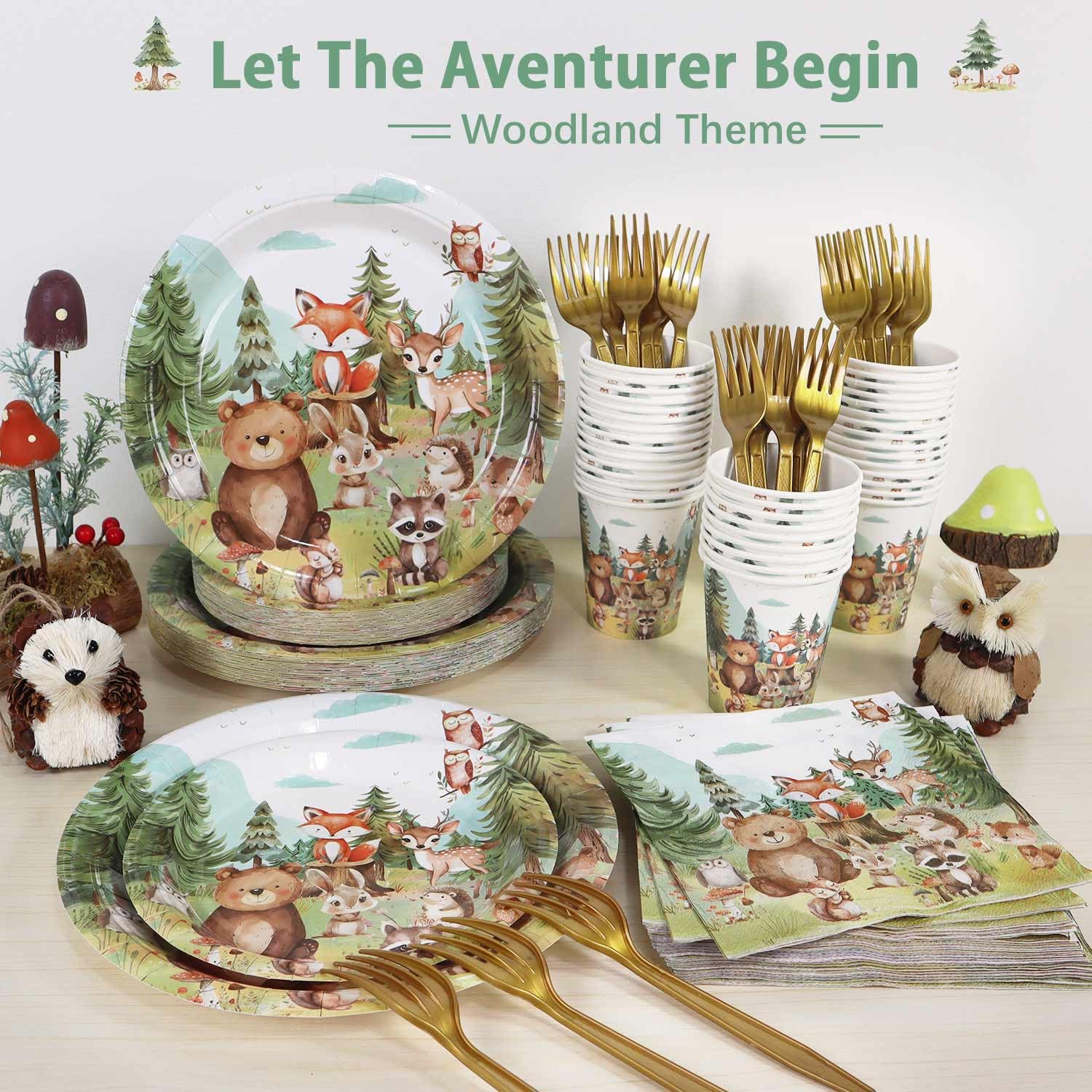 Woodland Baby Shower Decorations Plates Set 25 Guests, 125 Pcs Paper Plates Napkins Cups Cutlery Forest Animals Theme Birthday Decorations Tableware